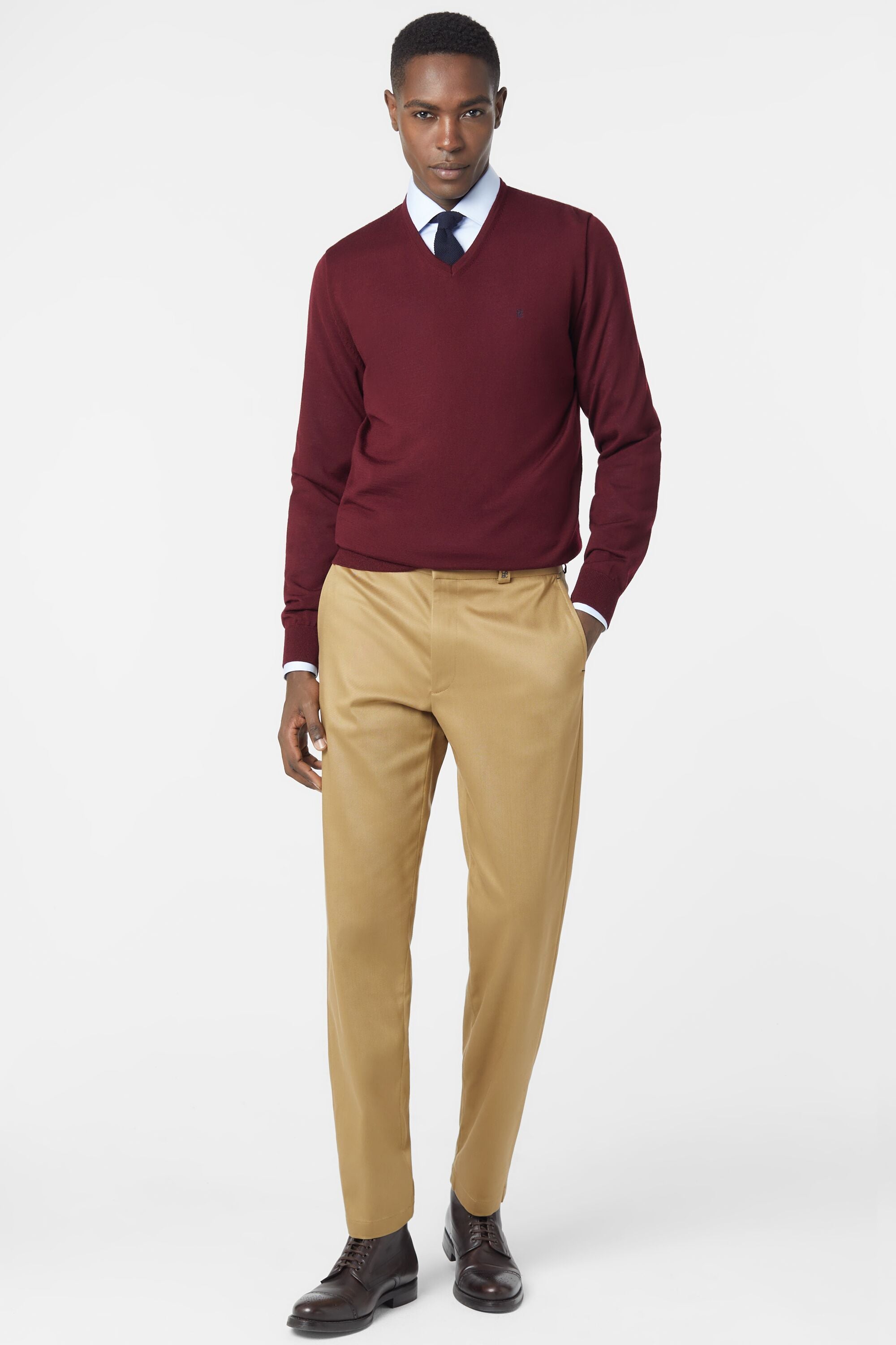 khaki pants burgundy shirt