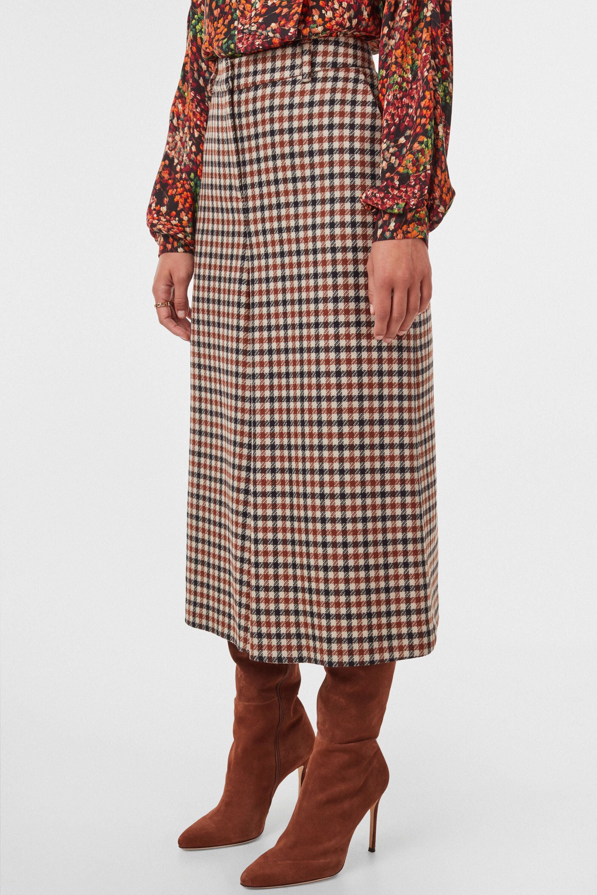 Checked wool jacquard A-line skirt