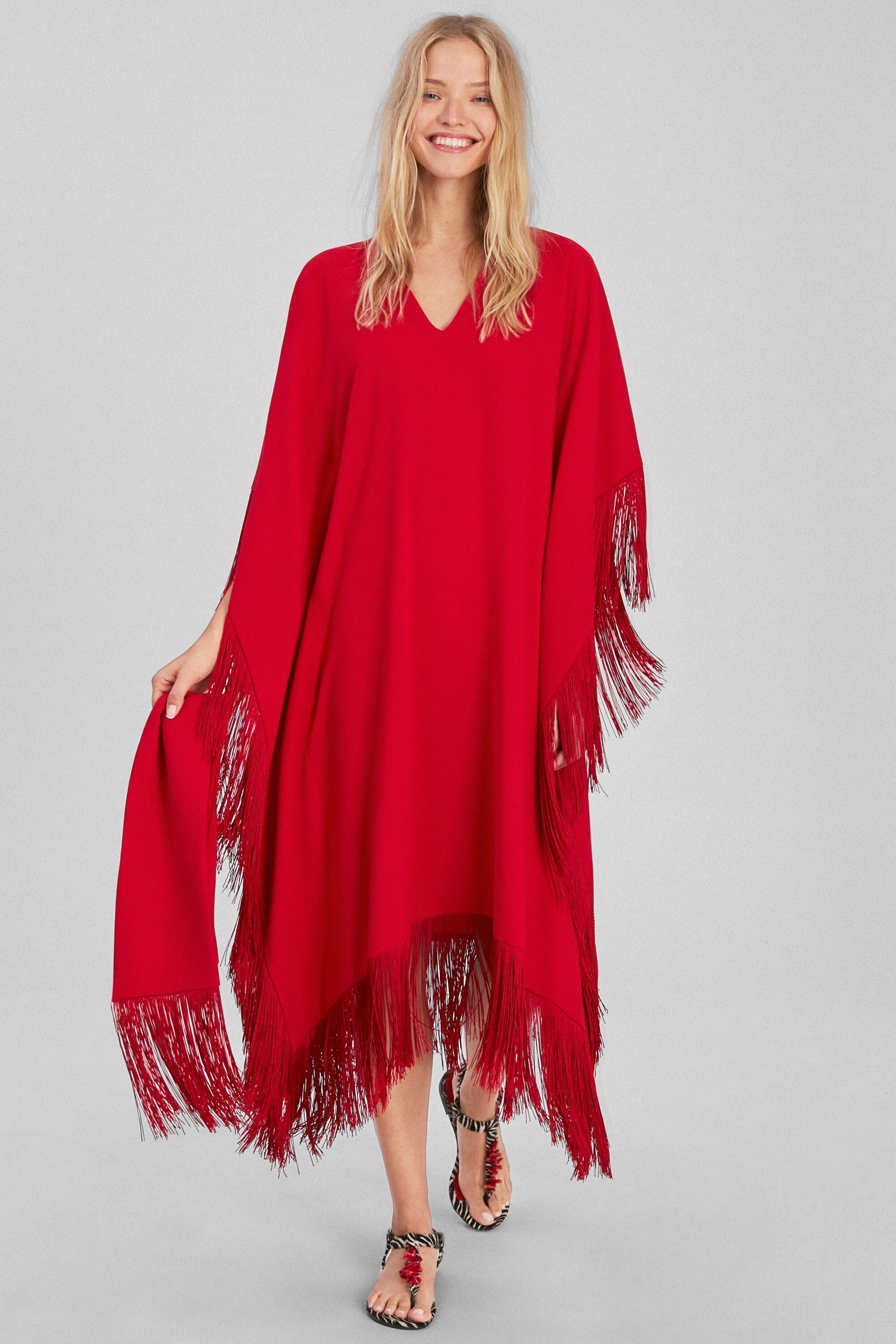 Vestido oversize de crepé flecos rojo - CH Carolina Herrera Chile