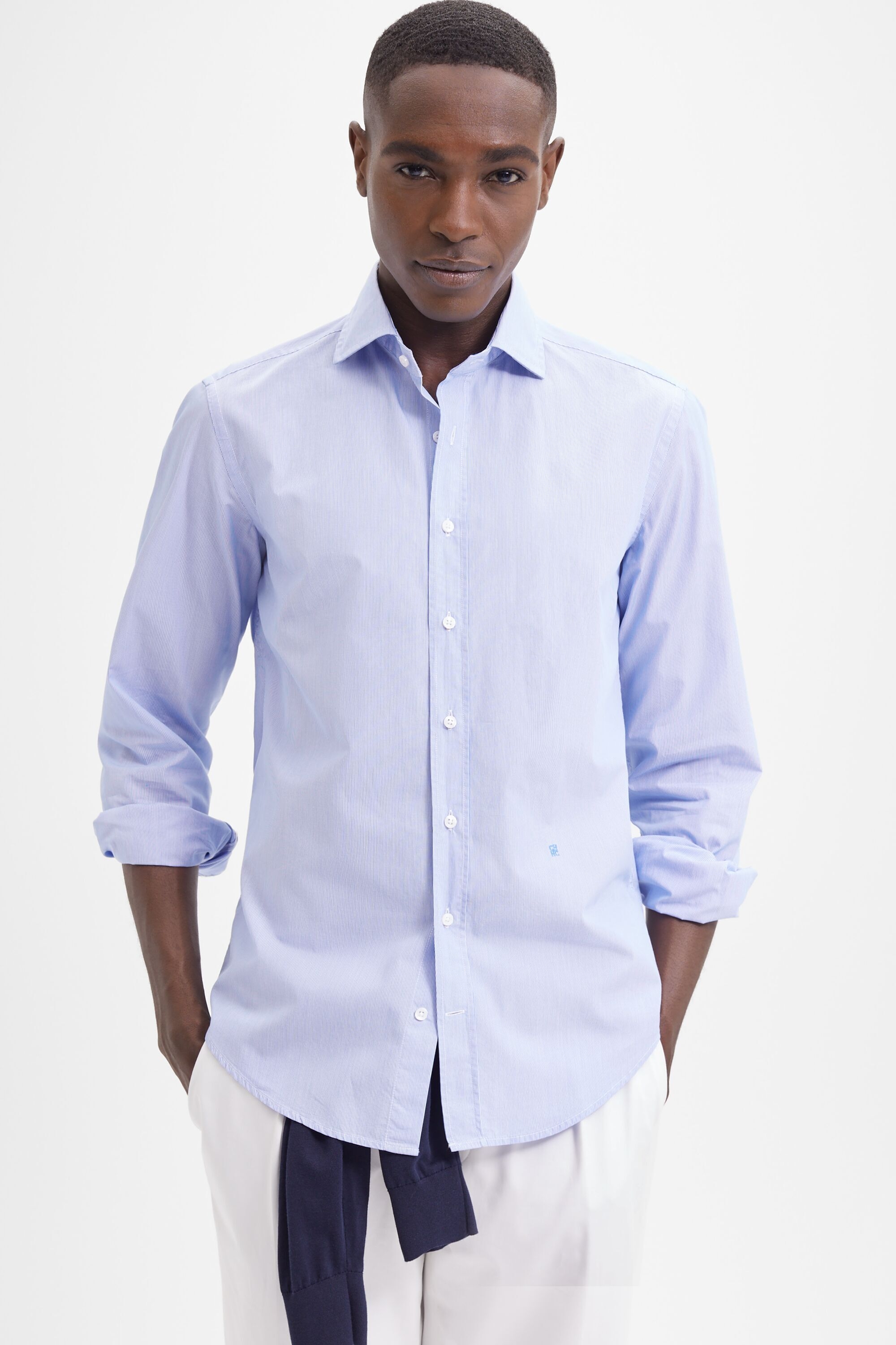 Needle striped cotton shirt with spread collar