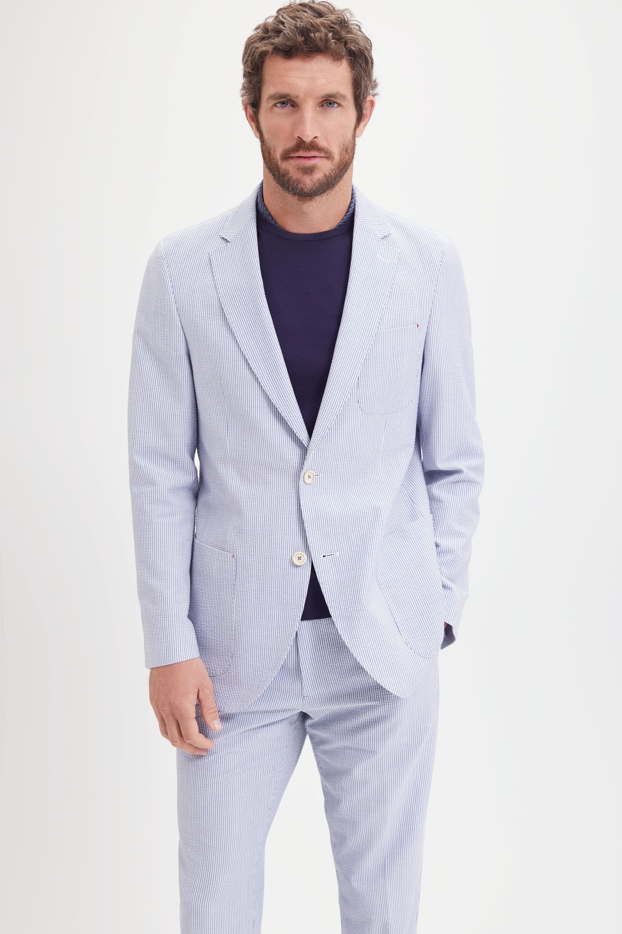 Relaxed fit seersucker cotton-blend suit jacket