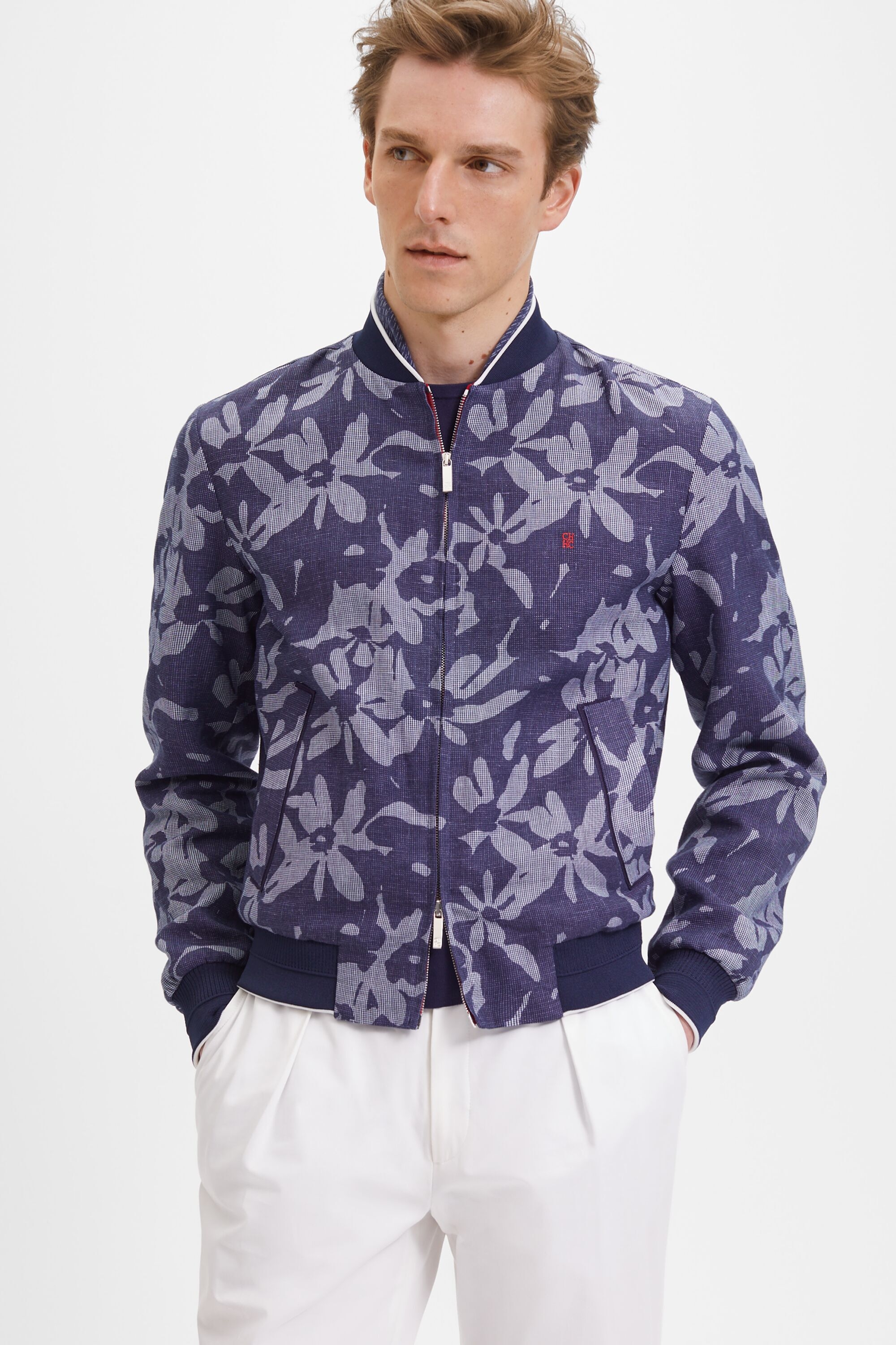 Floral print linen-blend bomber jacket