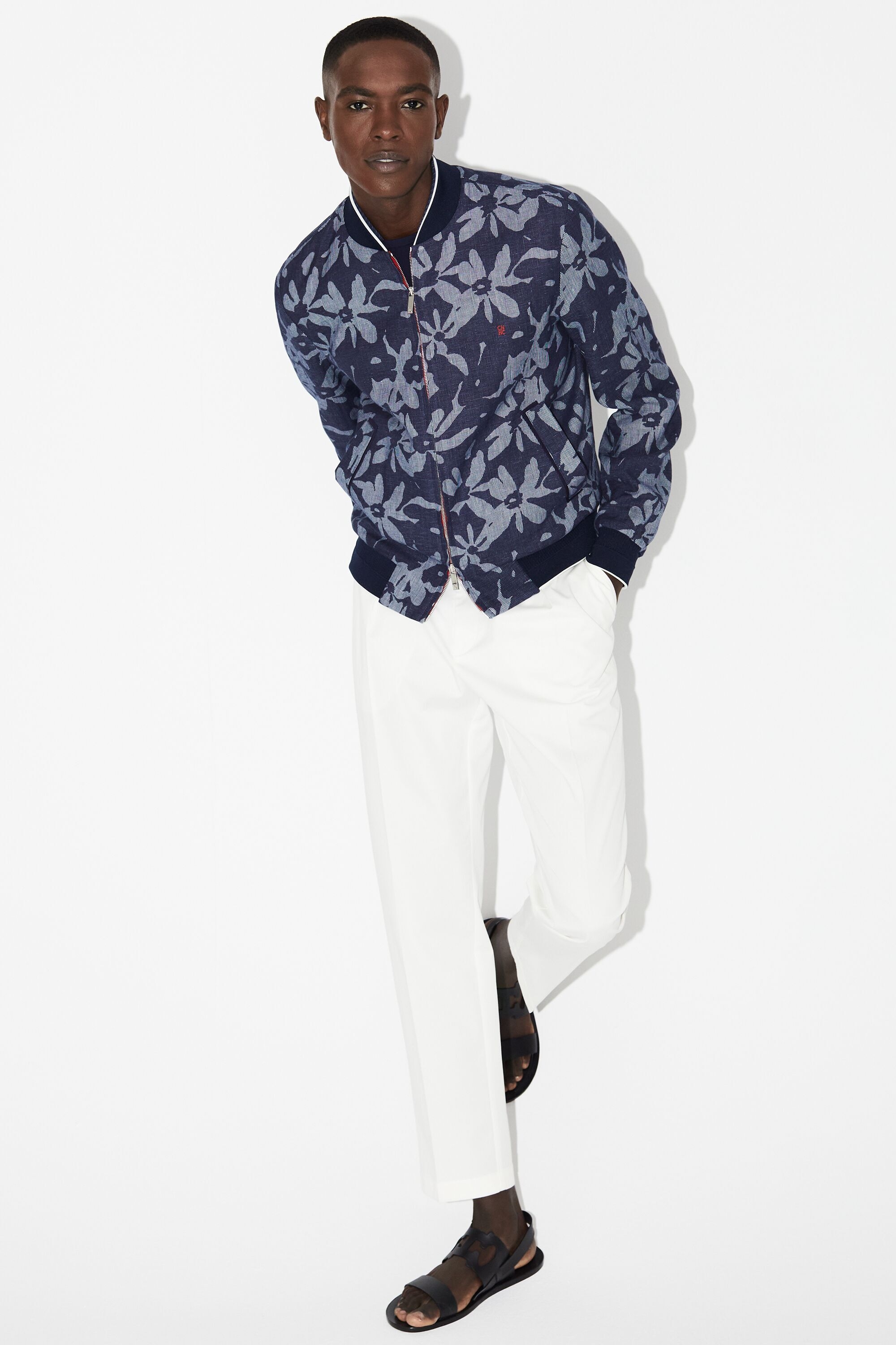 Floral print linen-blend bomber jacket