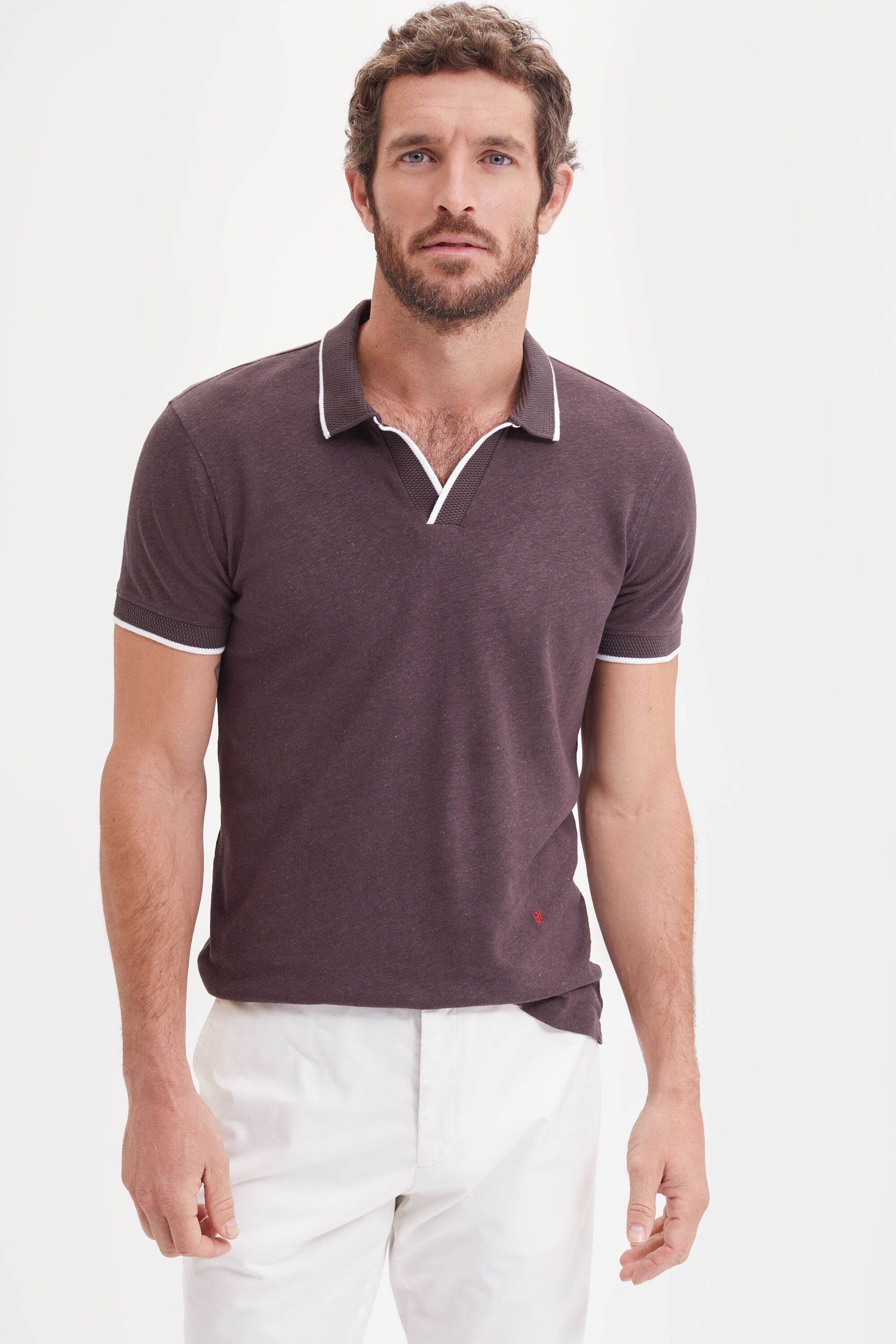 Open collar structured linen-blend polo shirt