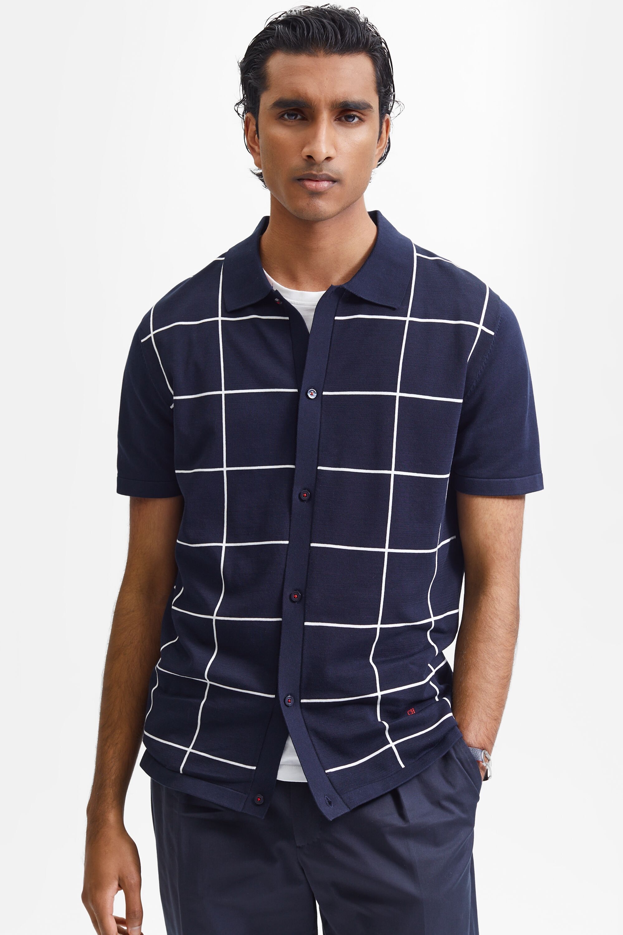 Windowpane check gassed cotton shirt