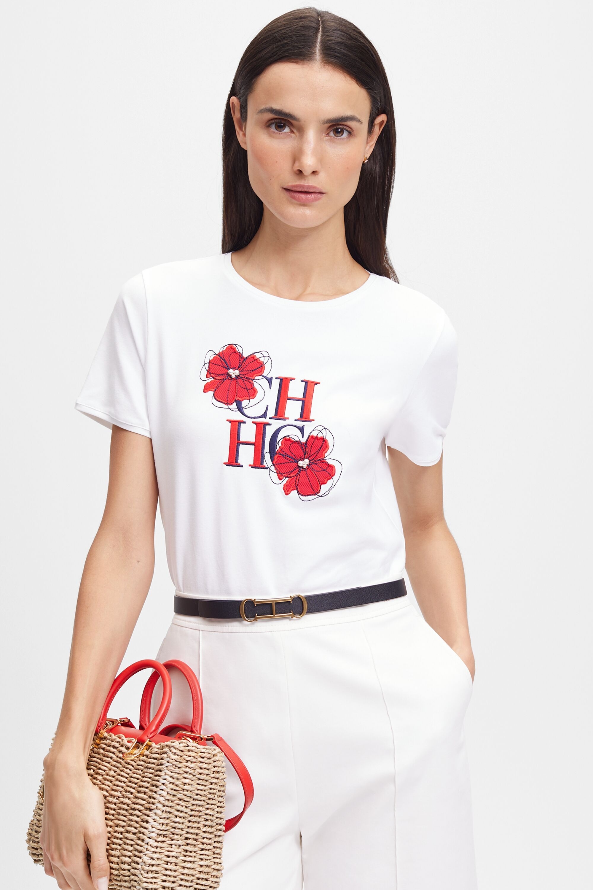 CH t-shirt with flowers and pearls white Carolina Herrera France