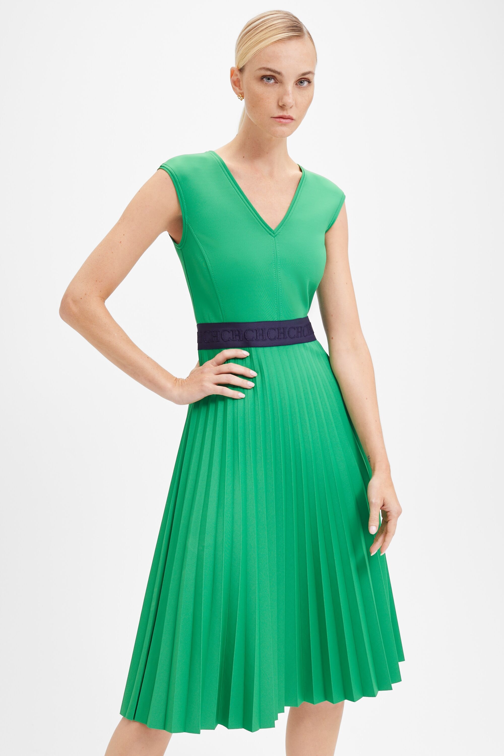 Pleated neoprene fit-and-flare dress