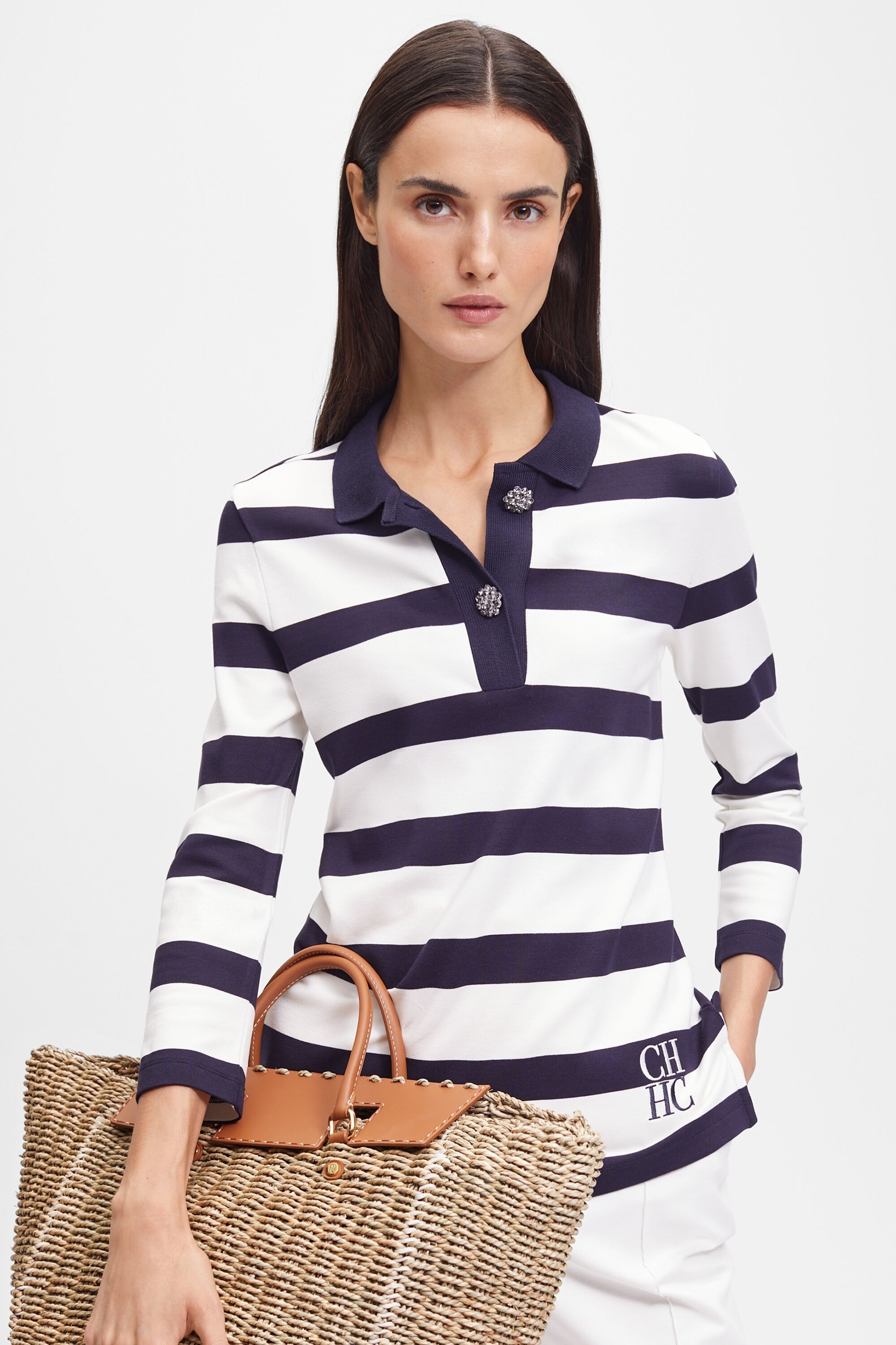 Striped knit fitted polo shirt