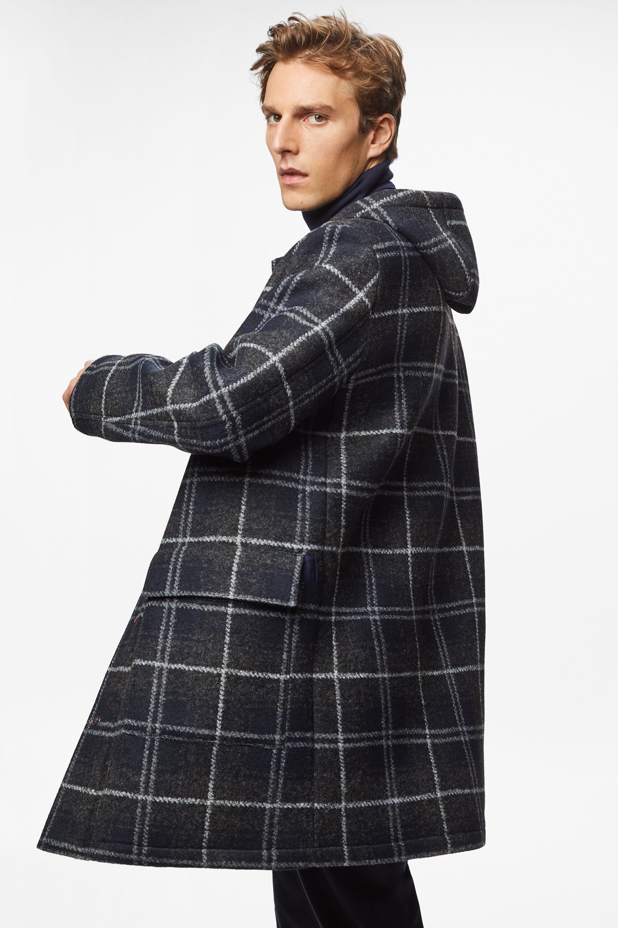 Checked neoprene duffle coat