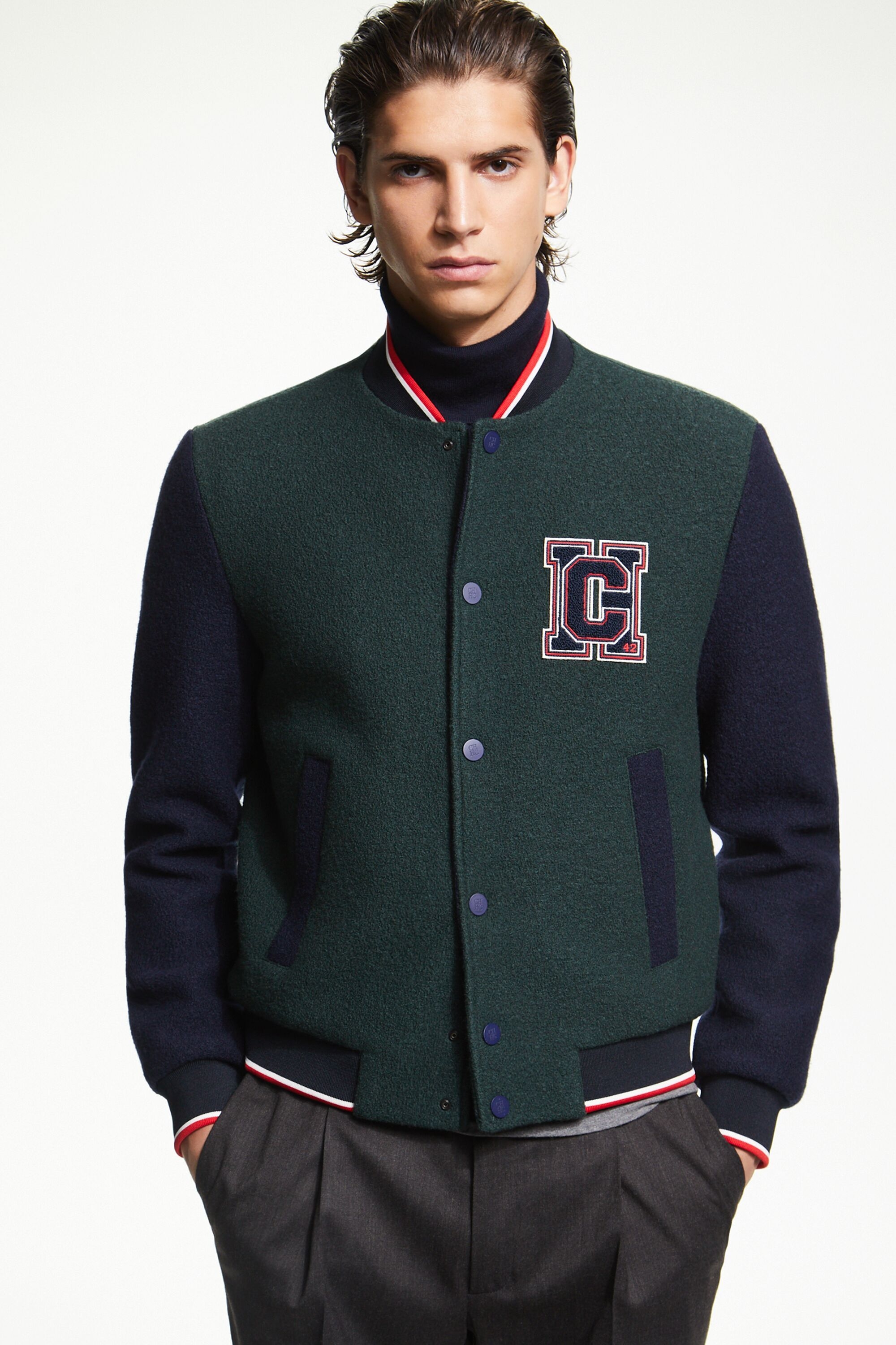 Varsity shearling bomber jacket