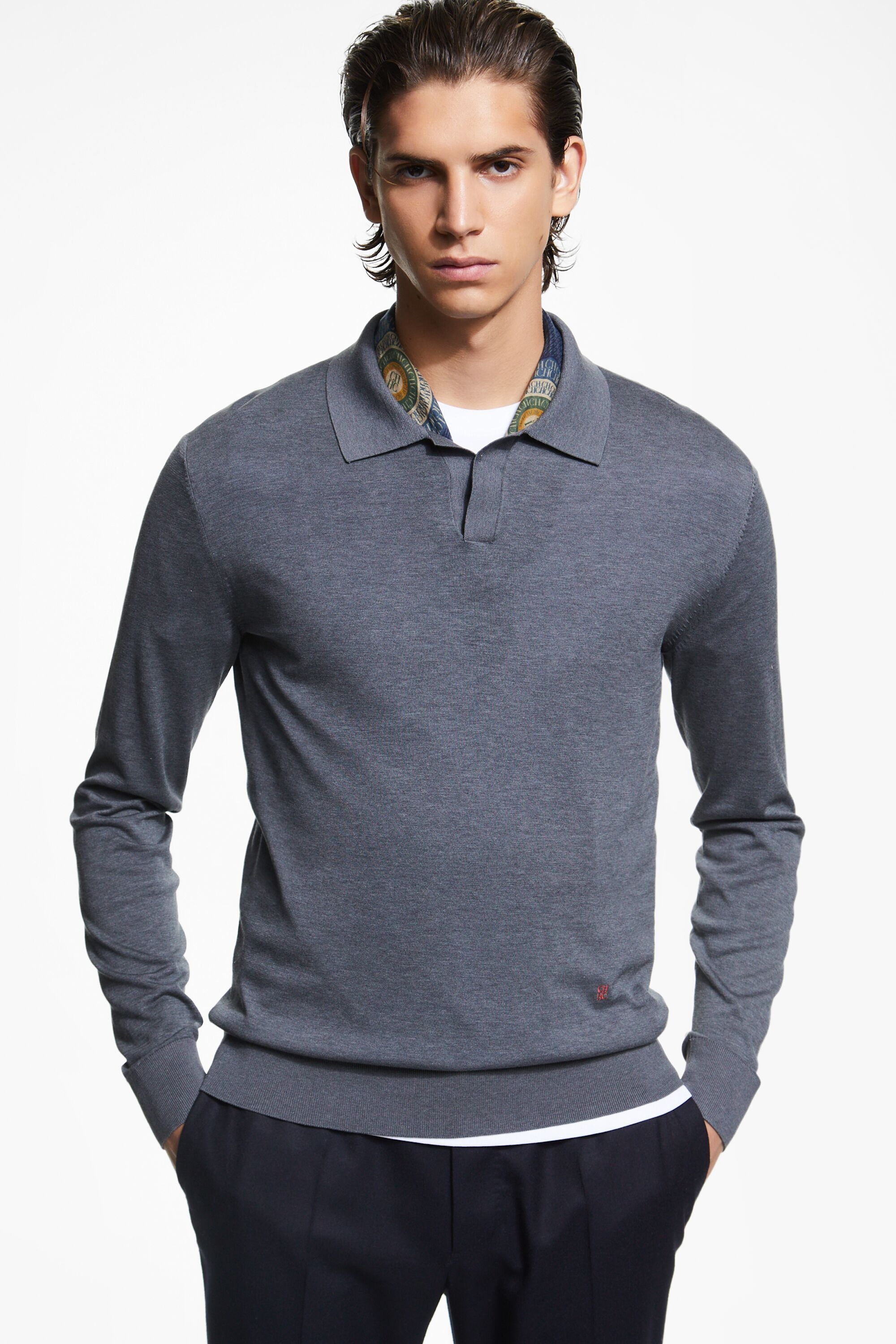 Silk and cotton open collar polo shirt