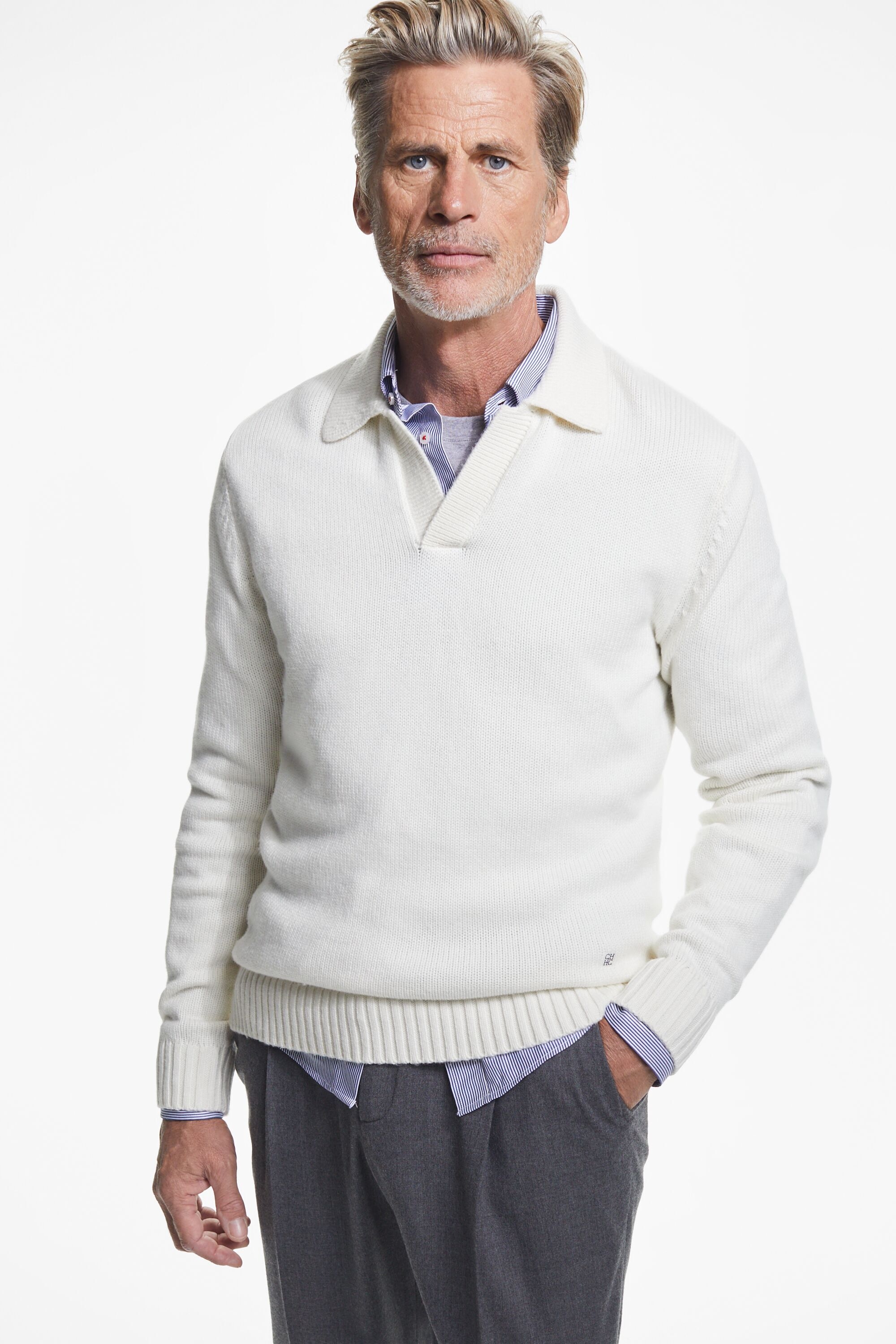 Wool open collar polo shirt with cashmere