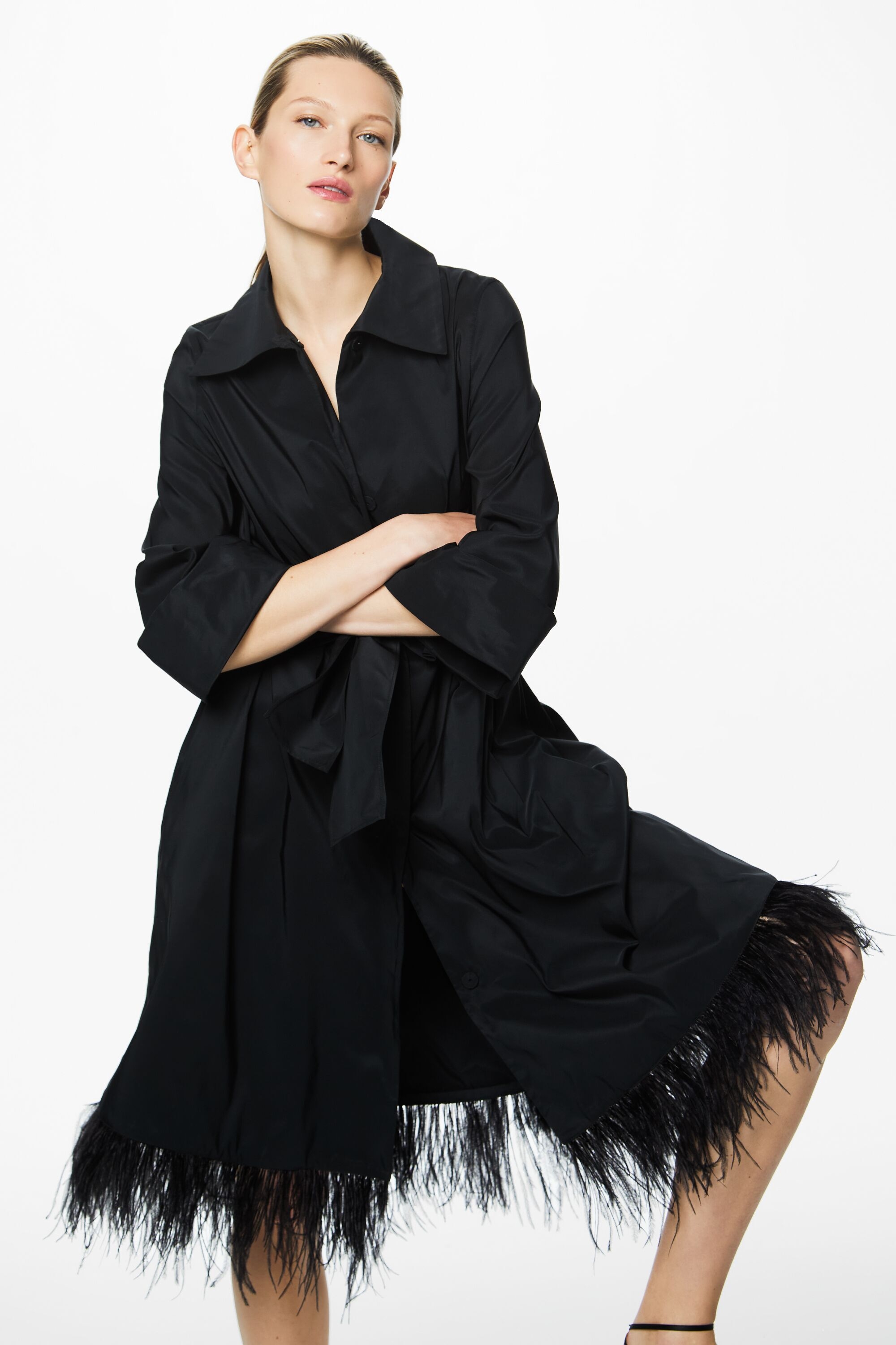 Feather-embellished taffeta A-line dress coat black - CH Carolina ...