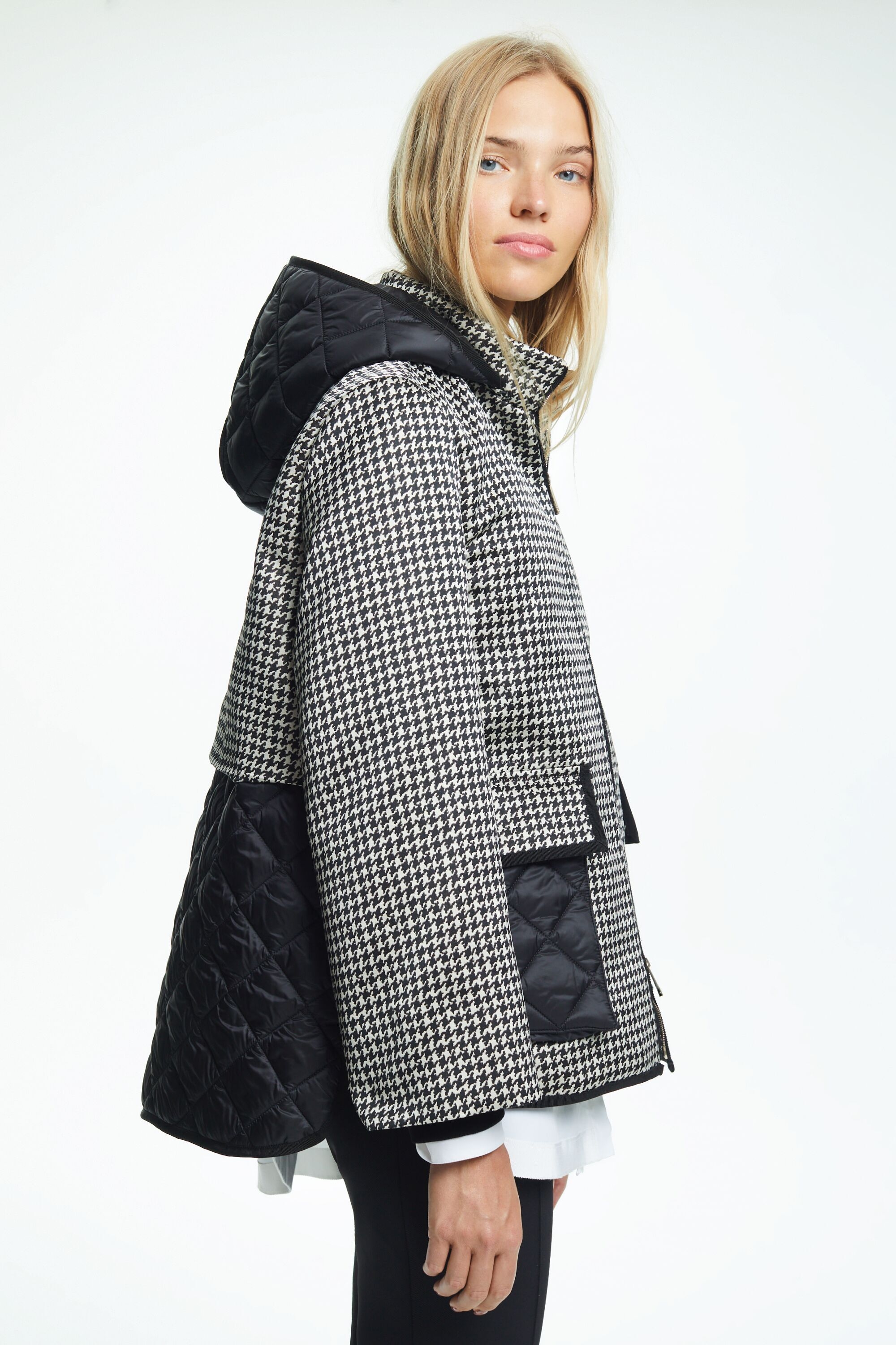 Jacquard and nylon A-line coat