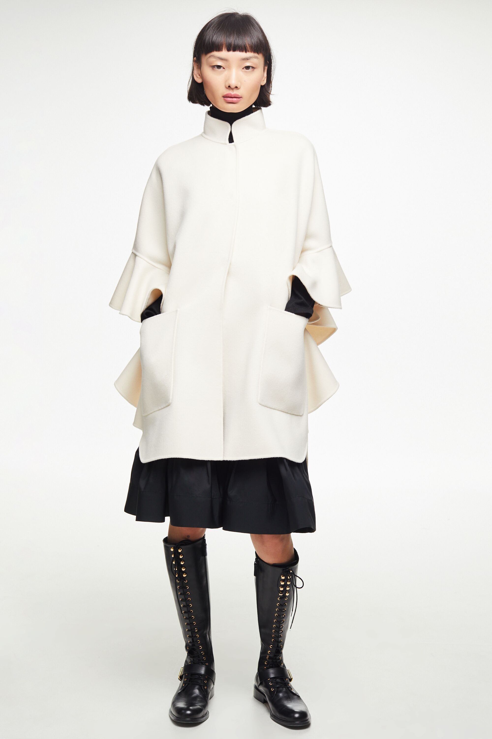 Ruffled double-faced wool oversized cape