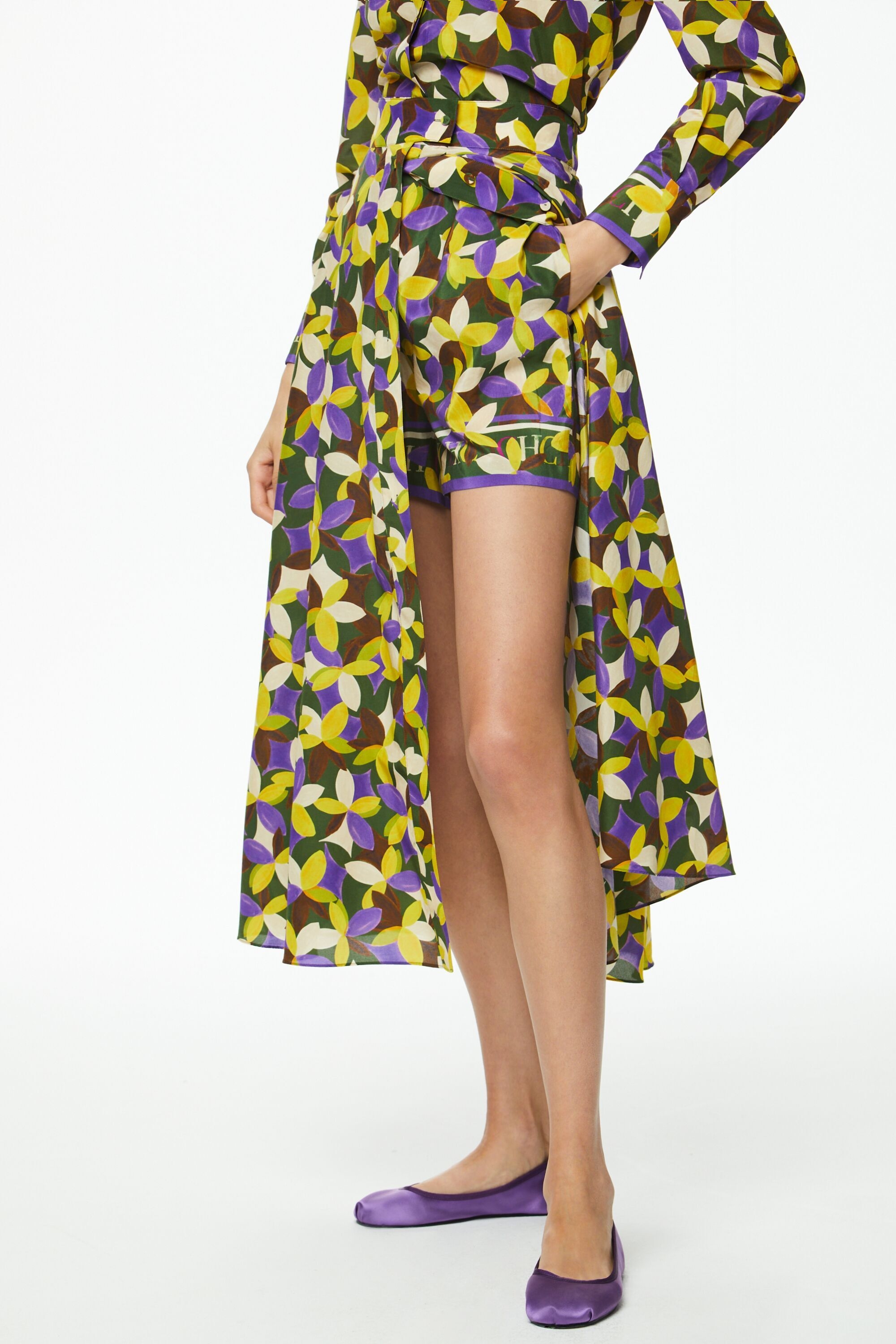 Printed silk and cotton skirt with interior short
