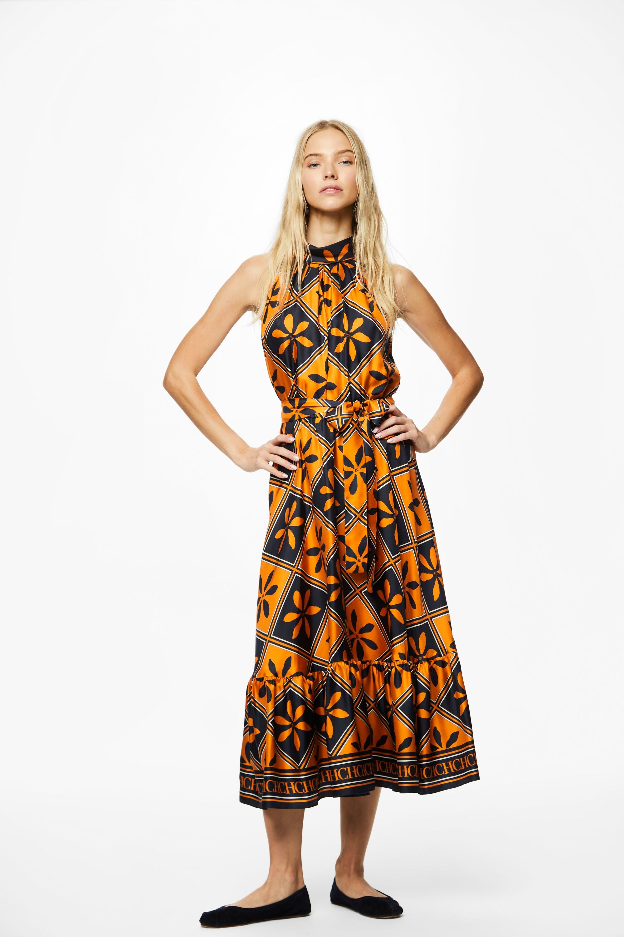 Geometric print silk halter dress
