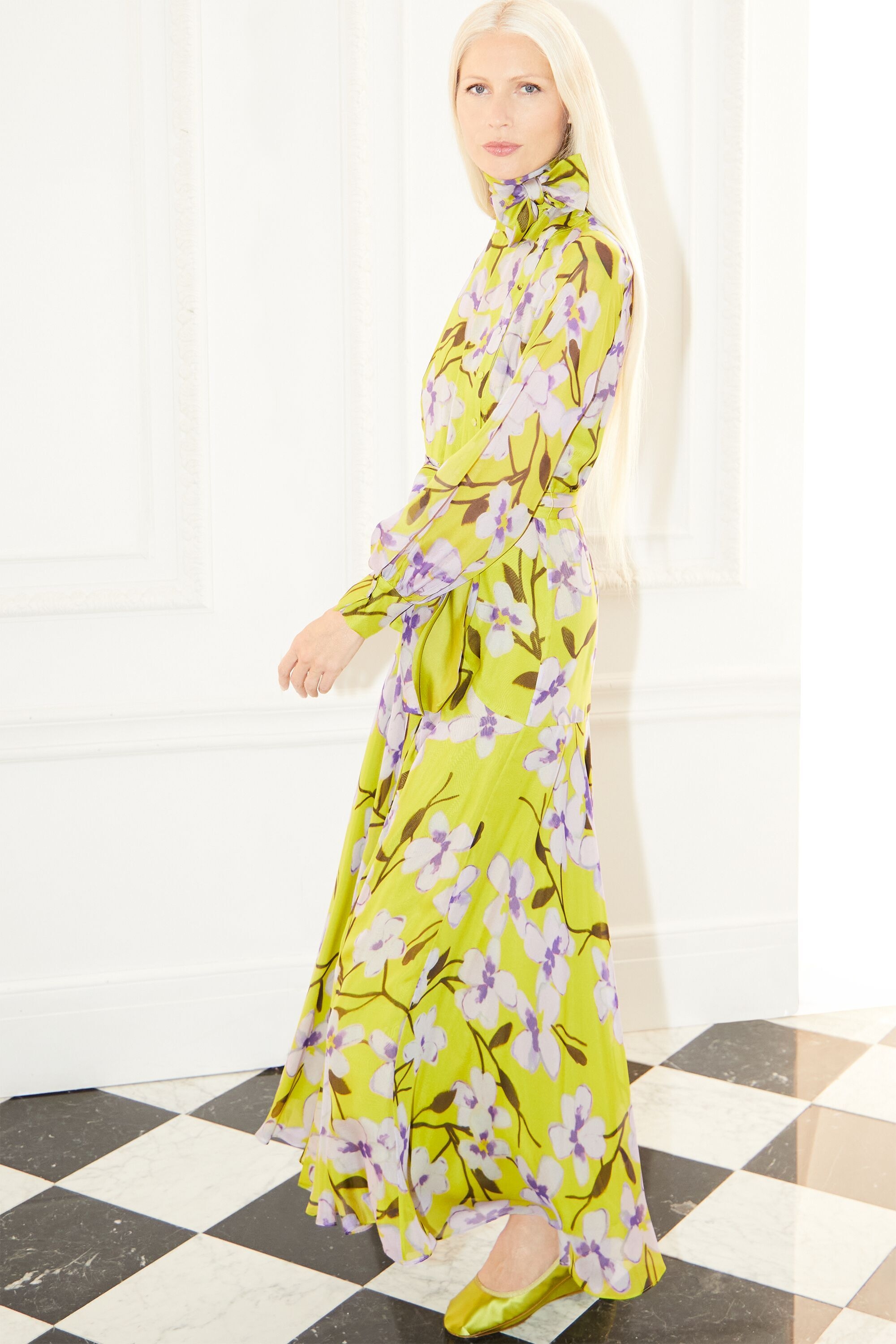 Vestido camisero de chiffon de seda estampado