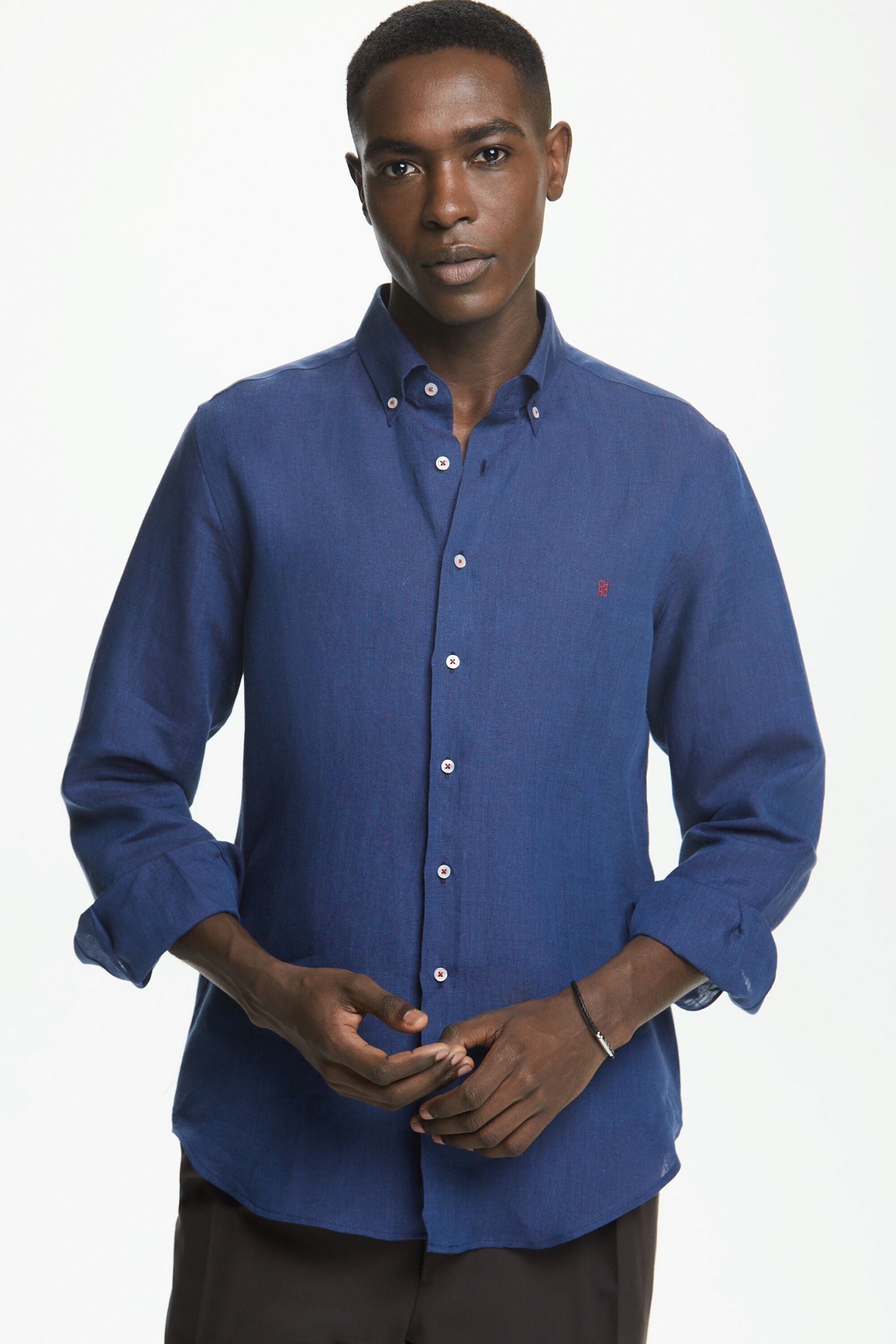 Camisa lino azul marino outlet