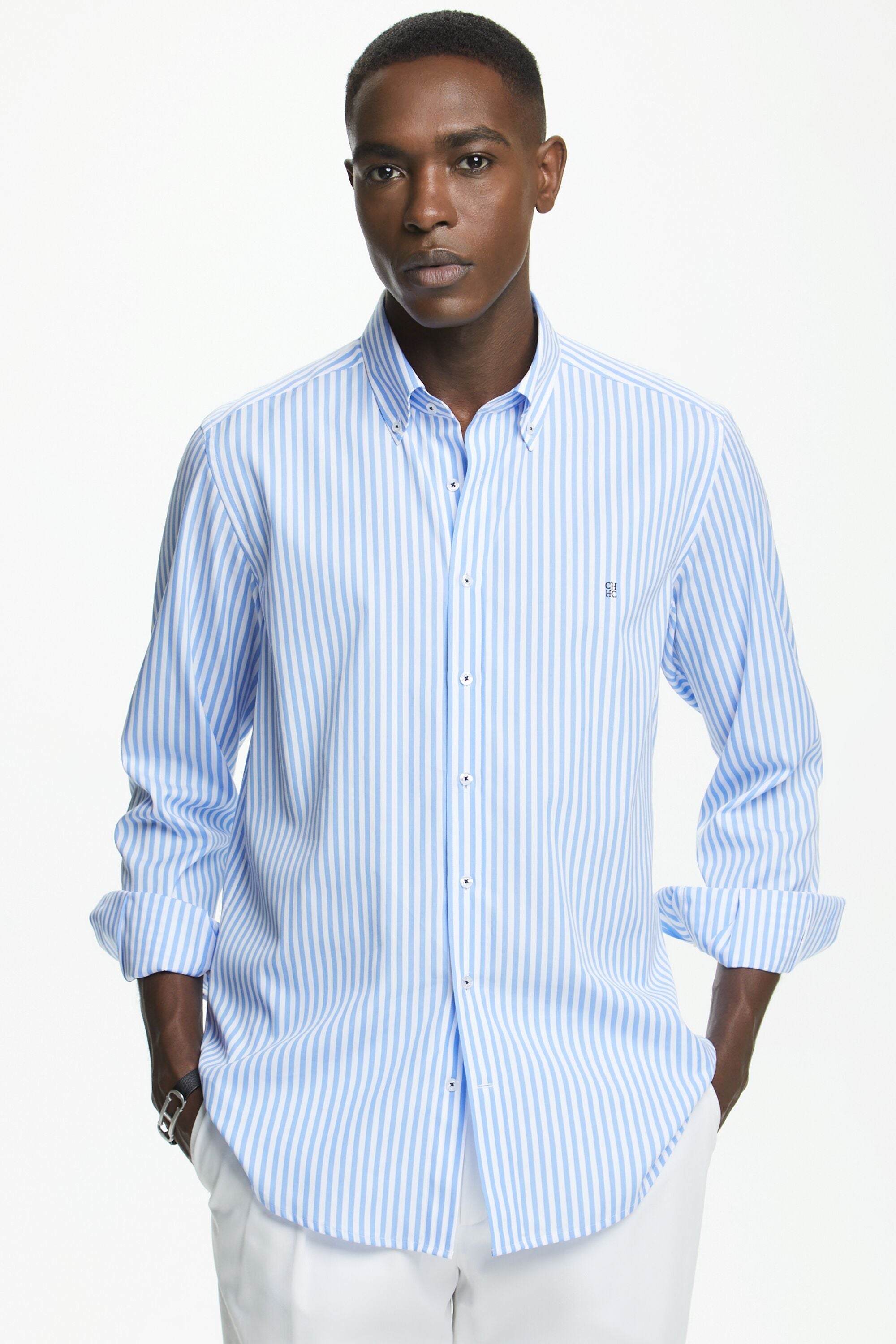 Candy stripe poplin shirt sky blue white CH Carolina Herrera