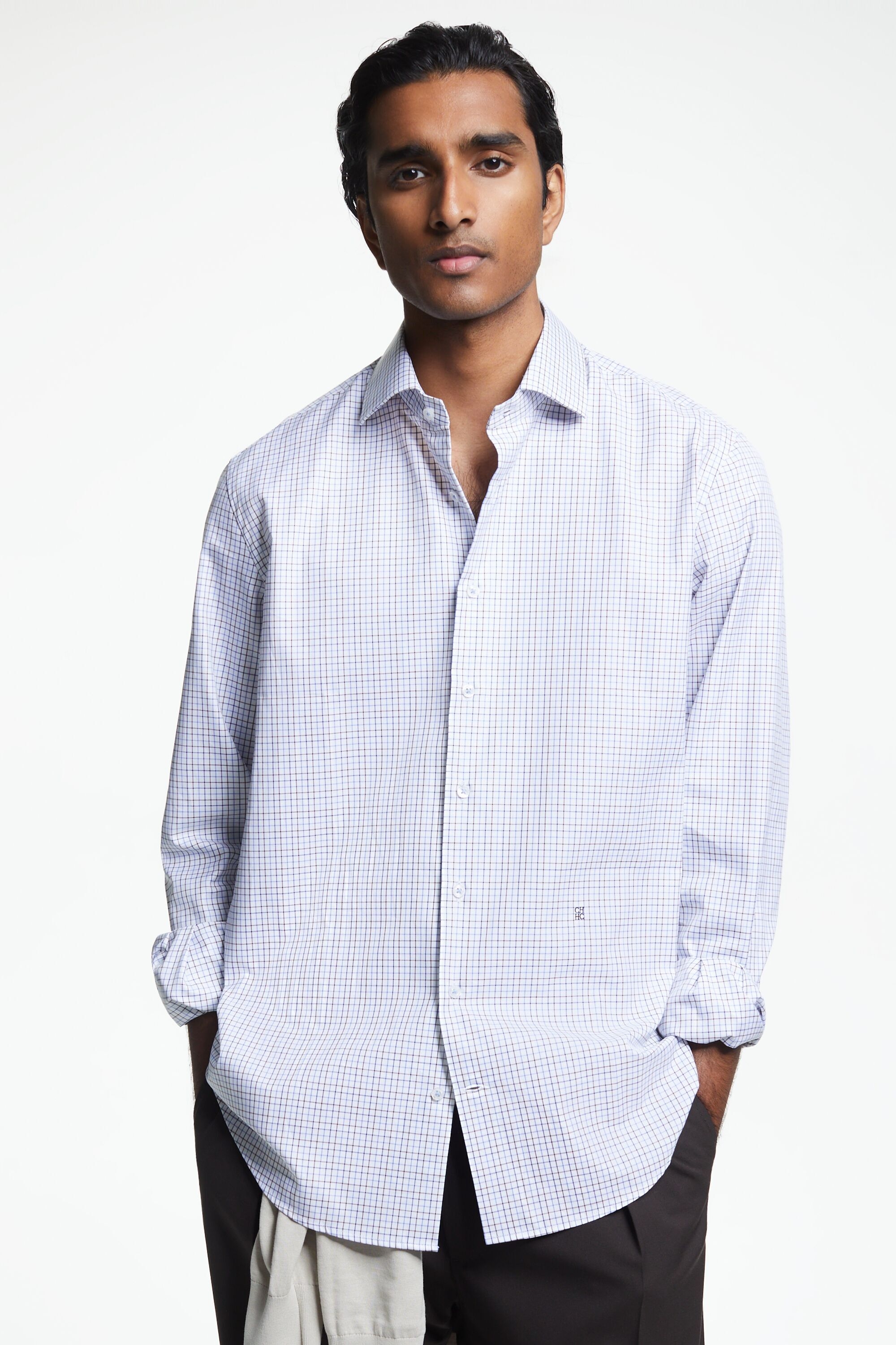 Checked twill shirt with spread collar