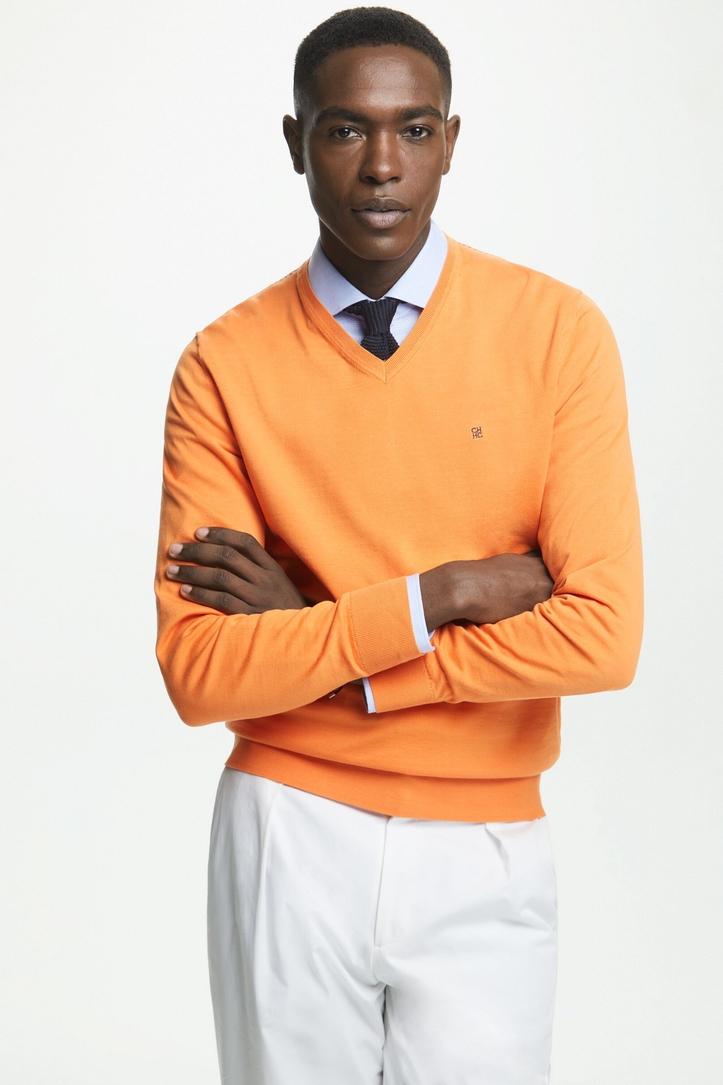 Gassed cotton V-neck sweater