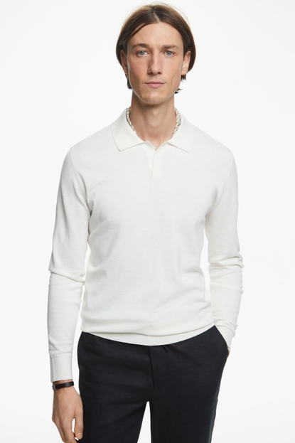 Open collar silk knit polo shirt
