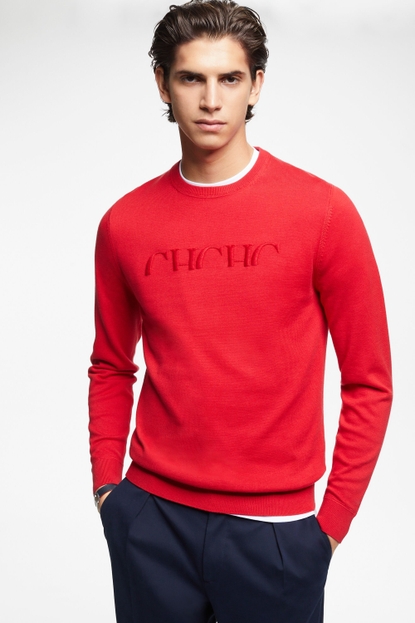 Cotton crew neck sweater with embroidery
