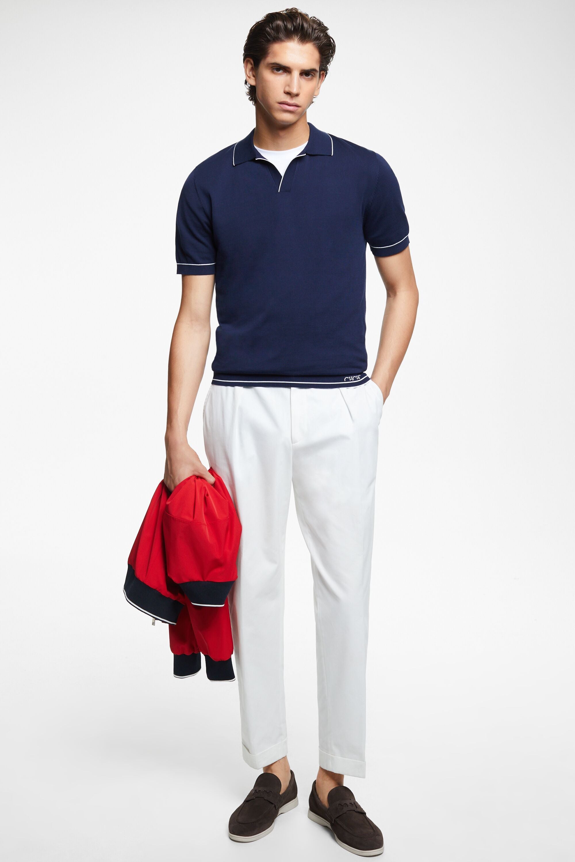 White polo and navy blue deals pants