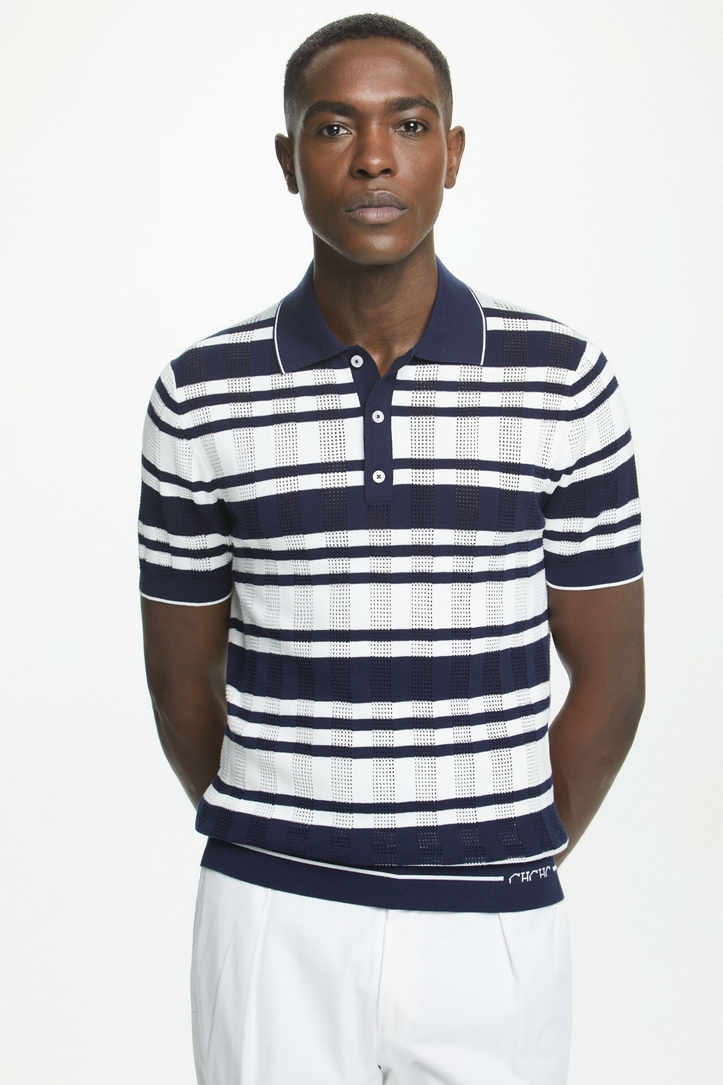 Striped pointelle knit polo shirt