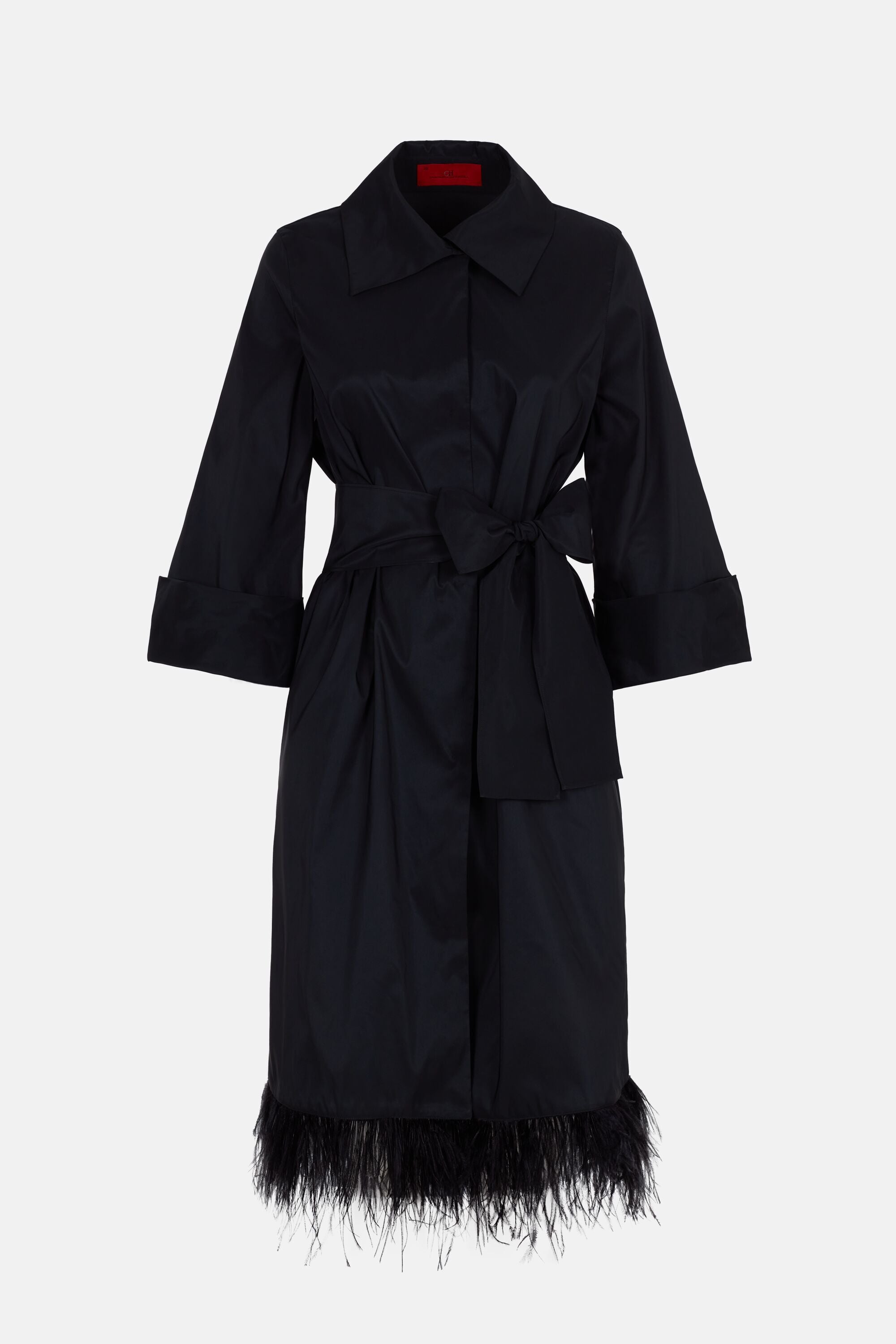 Feather-embellished taffeta A-line dress coat black - CH Carolina
