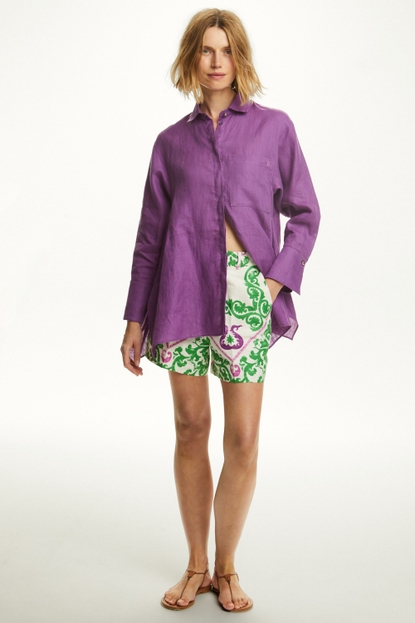 Garden print silk and linen A-line shorts