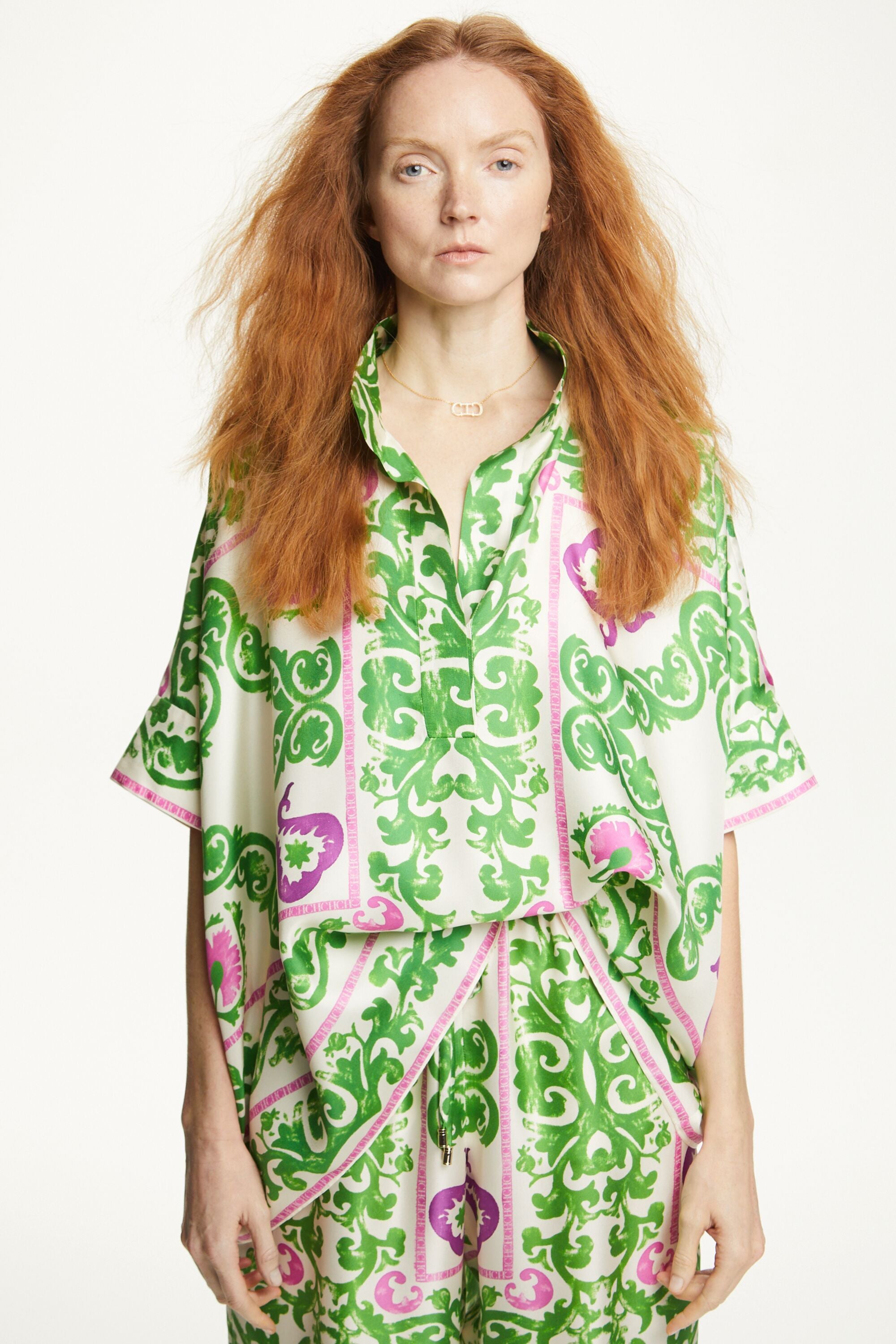 Garden print silk oversize shirt