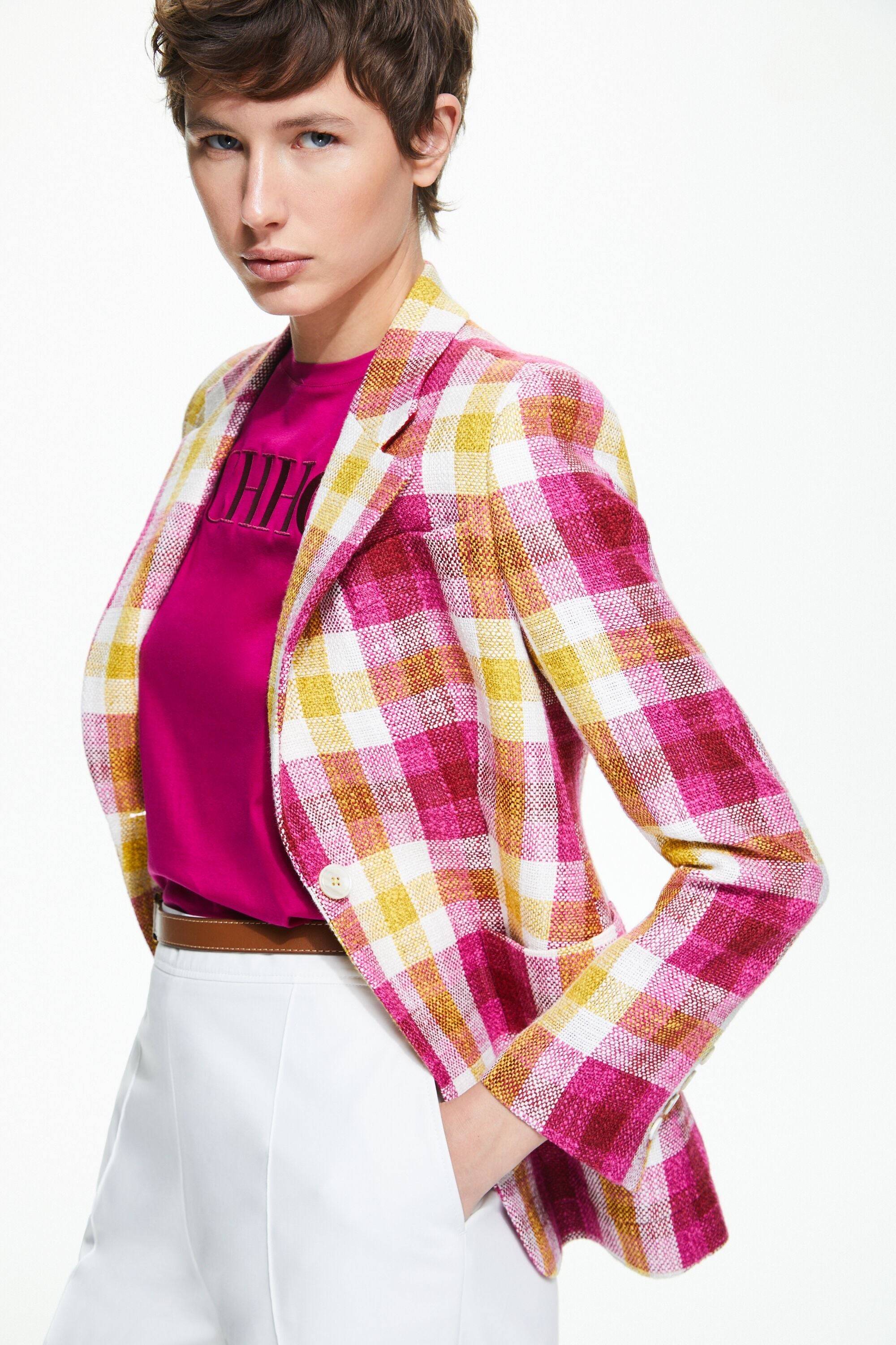 Checkered panama fitted tailored jacket