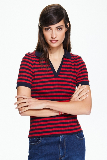 Striped ribbed knit polo shirt
