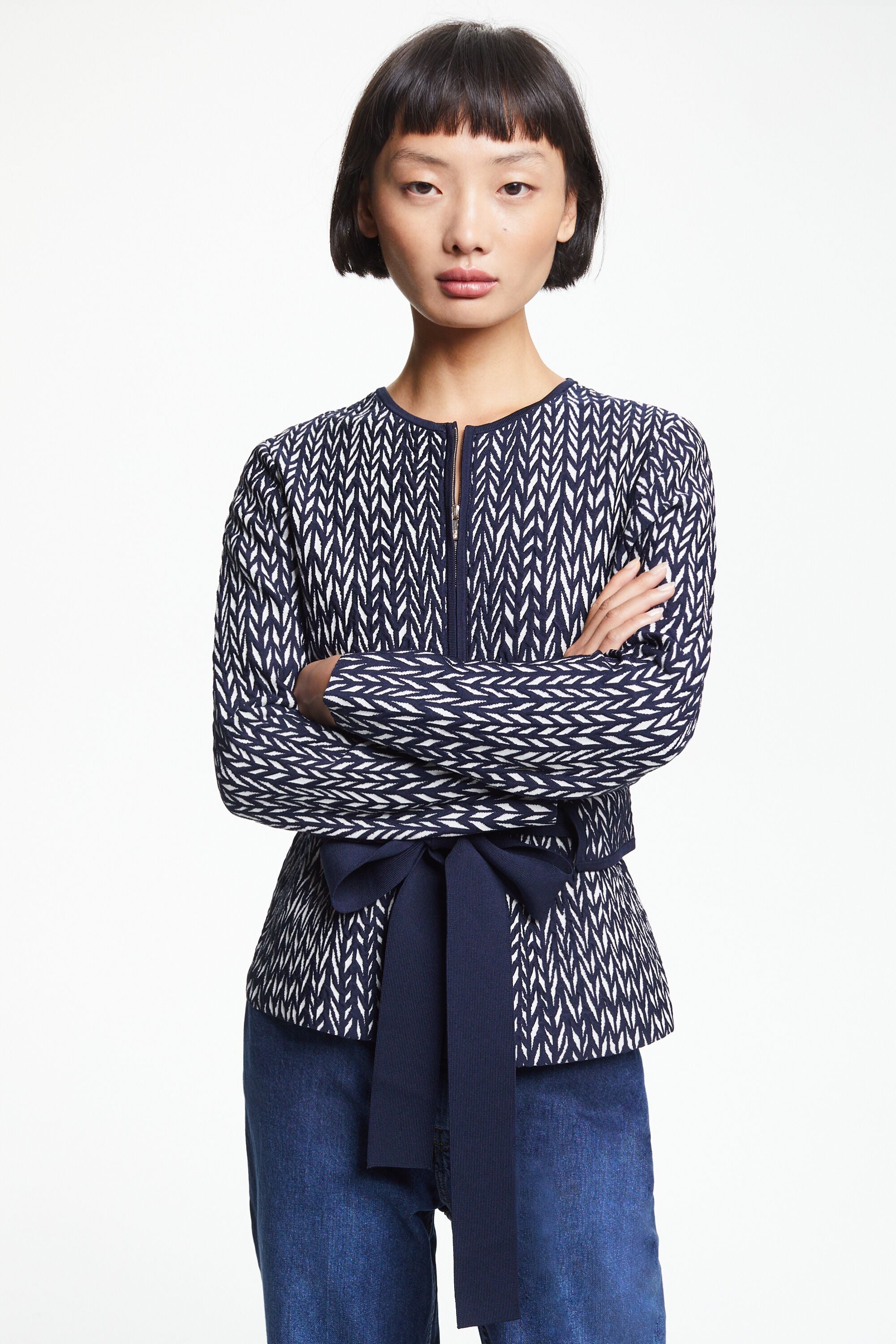 Jacquard peplum jacket with ties navy/ivory - CH Carolina Herrera