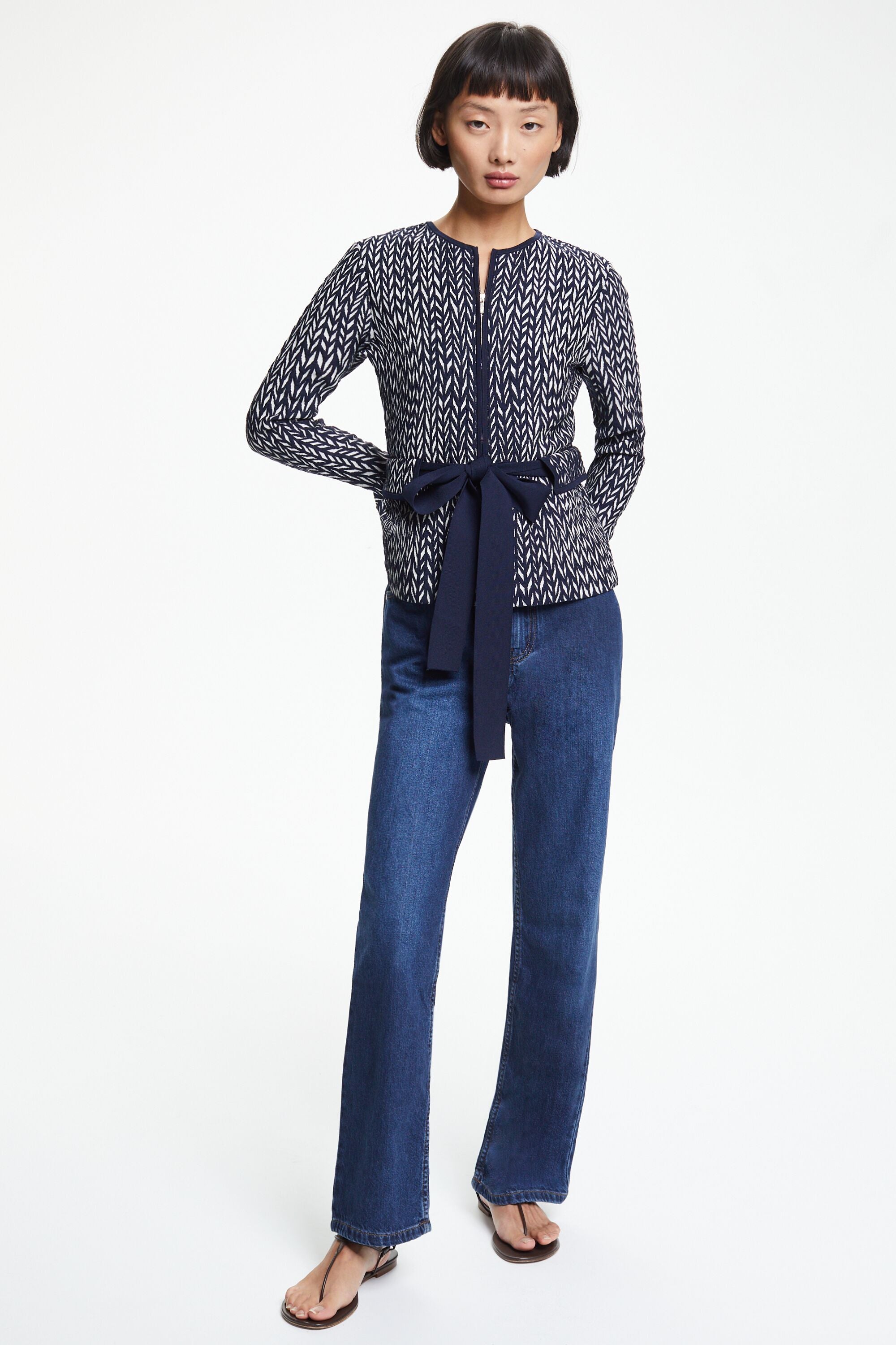 Jacquard peplum jacket with ties navy/ivory - CH Carolina Herrera