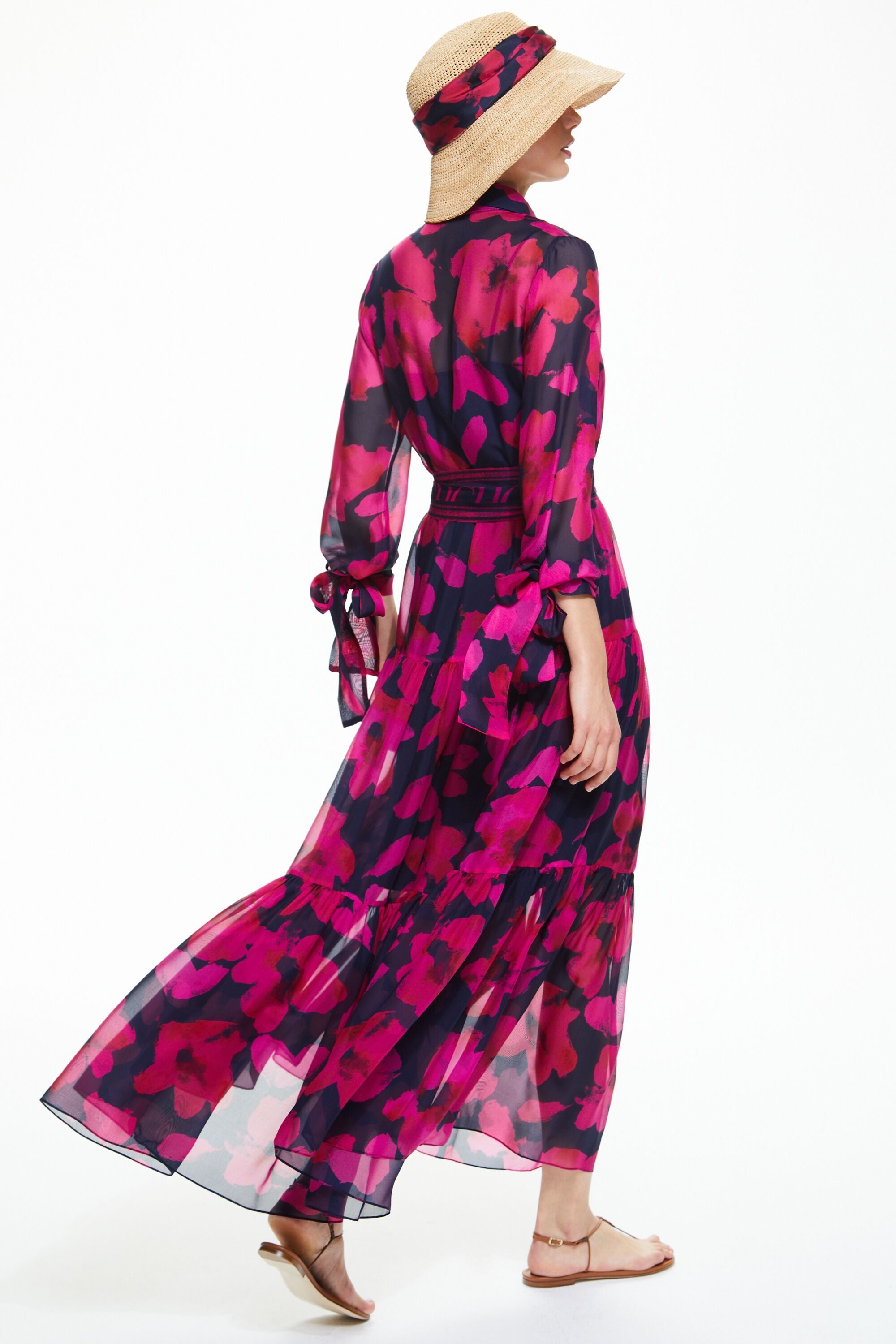 Arty Flowers print chiffon shirt dress navy/fuchsia - CH Carolina