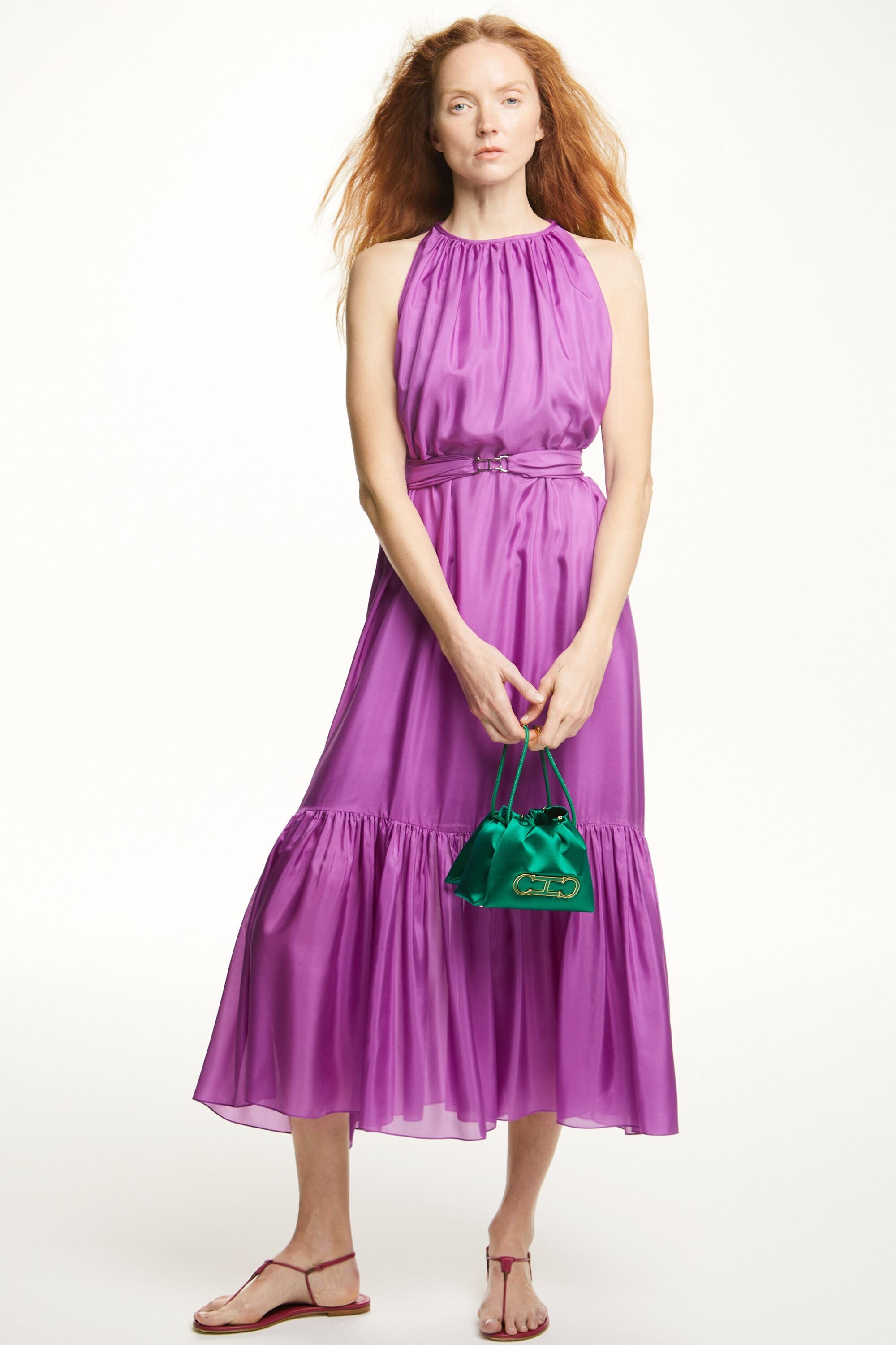 Silk halter dress with Initials Insignia belt purple - CH Carolina 