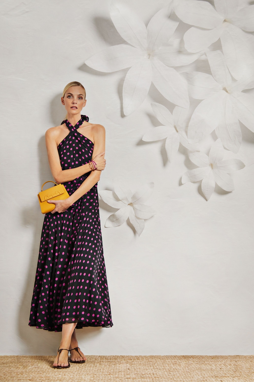Silk halter dress with polka dots