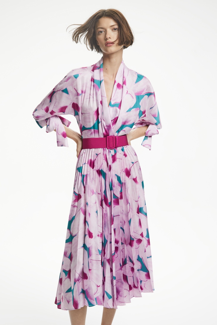 Azalea print pleated wrap dress