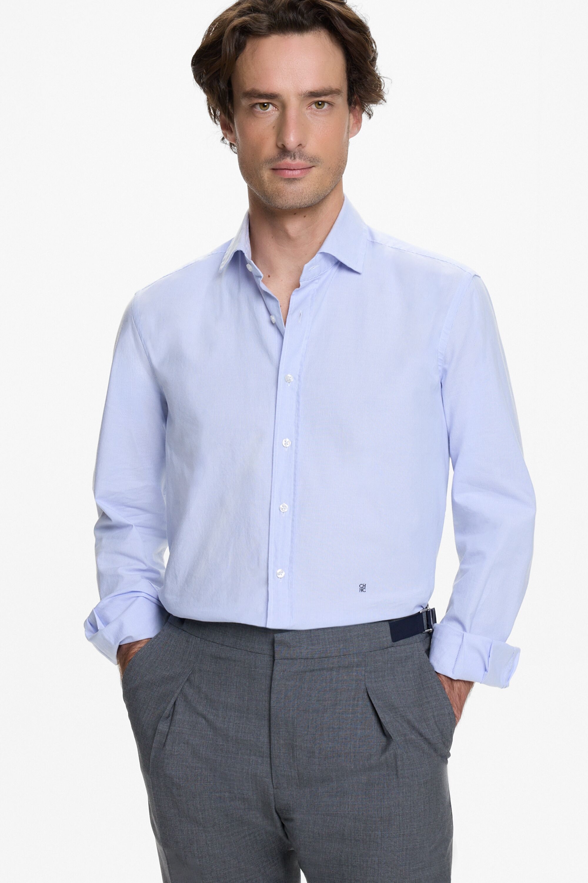 Camisa de Oxford milrayas con cuello italiano