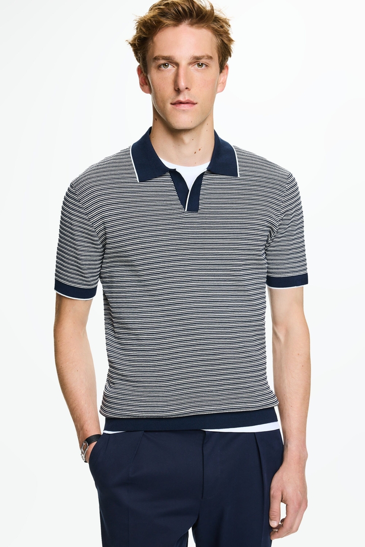 Open collar striped knit polo shirt