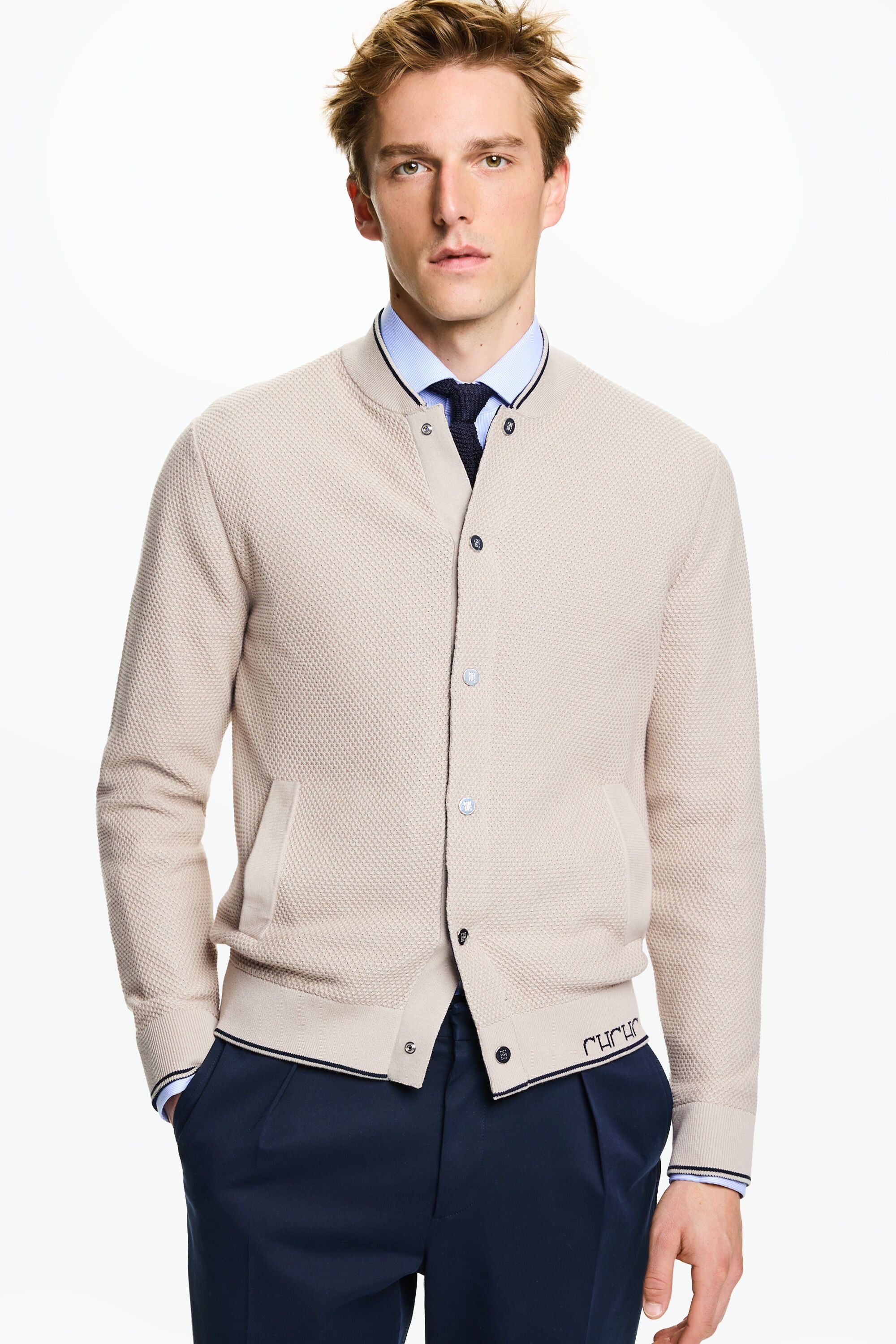 Cardigan de algodon con intarsia CH beige CH Carolina Herrera Mexico