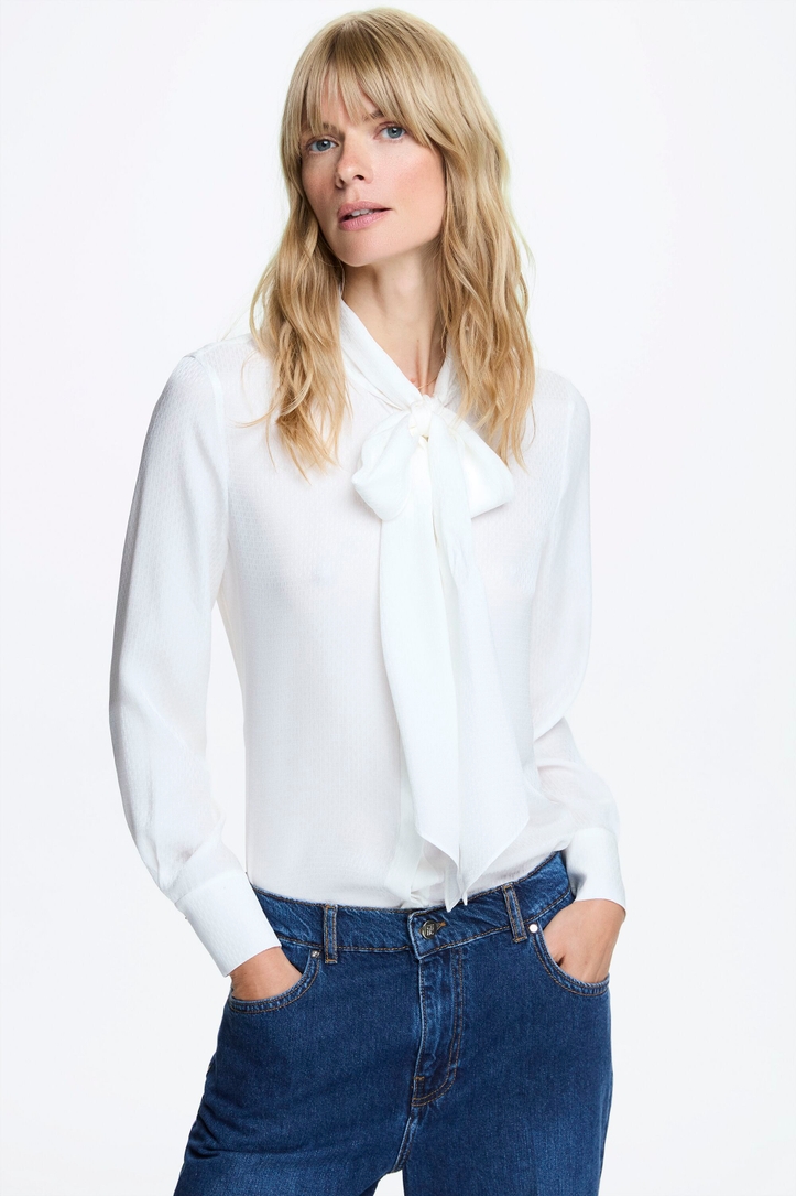 Silk jacquard straight-fit blouse with bow