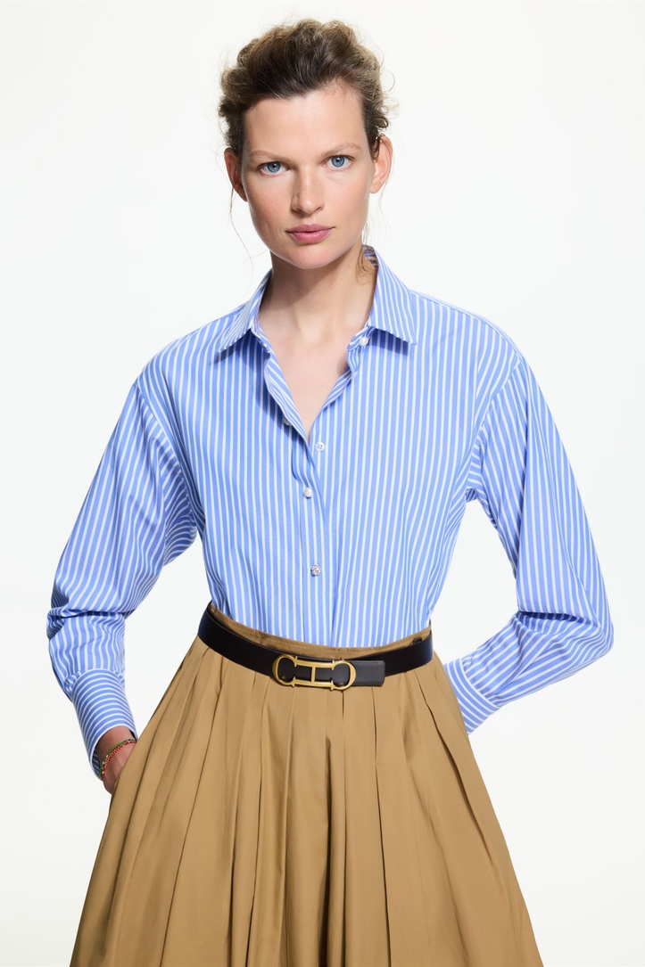 Striped poplin straight-fit shirt with jewel buttons