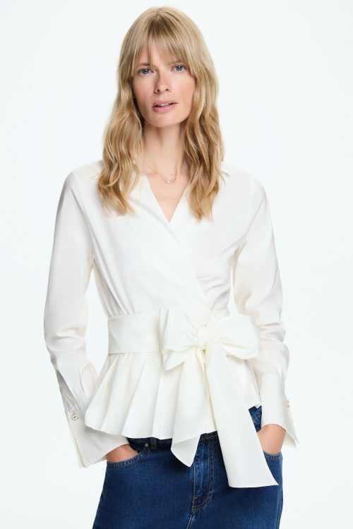 TAFFETA WRAP PEPLUM SHIRT WITH BOW