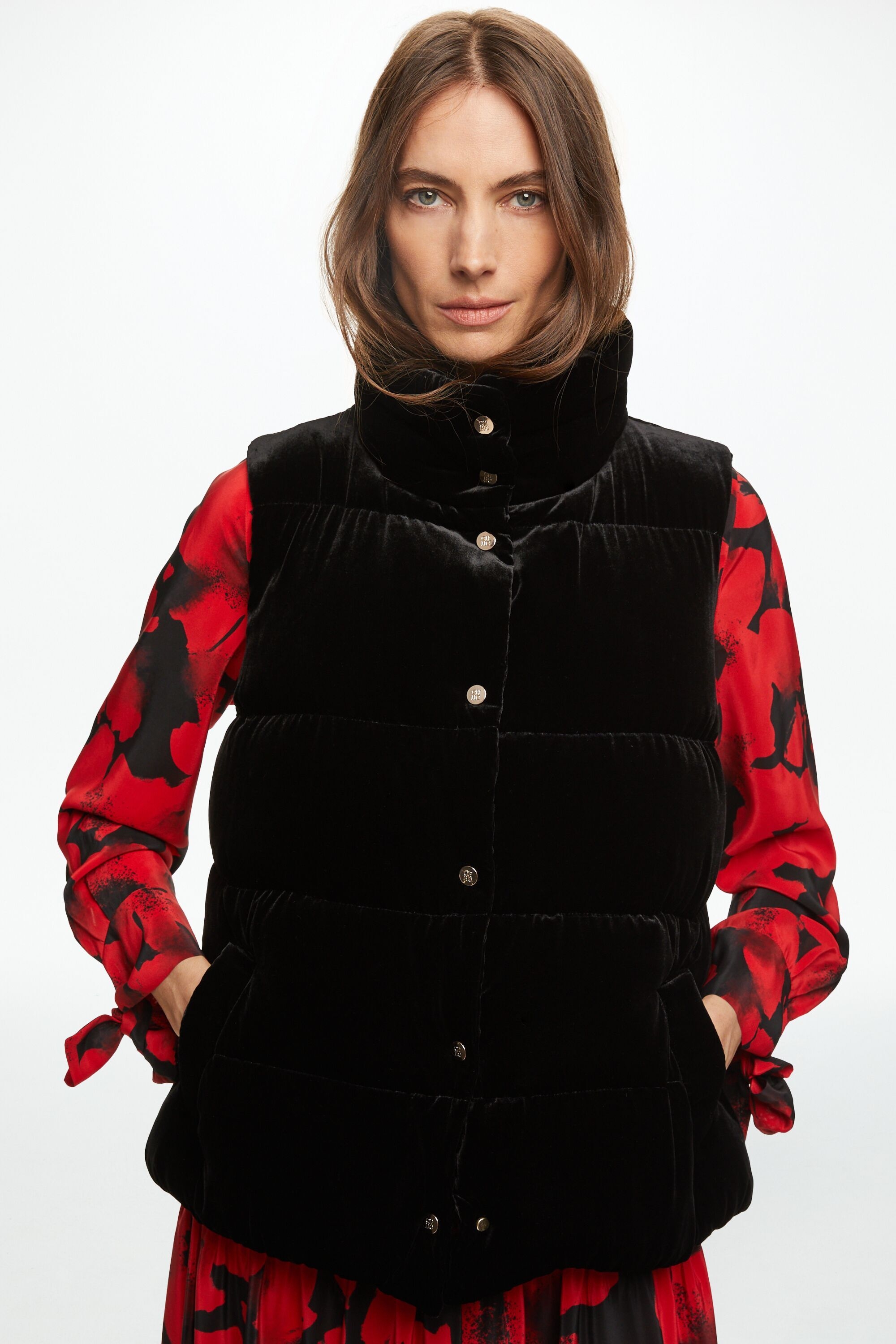 Down-Quilted Velvet A-Line Vest