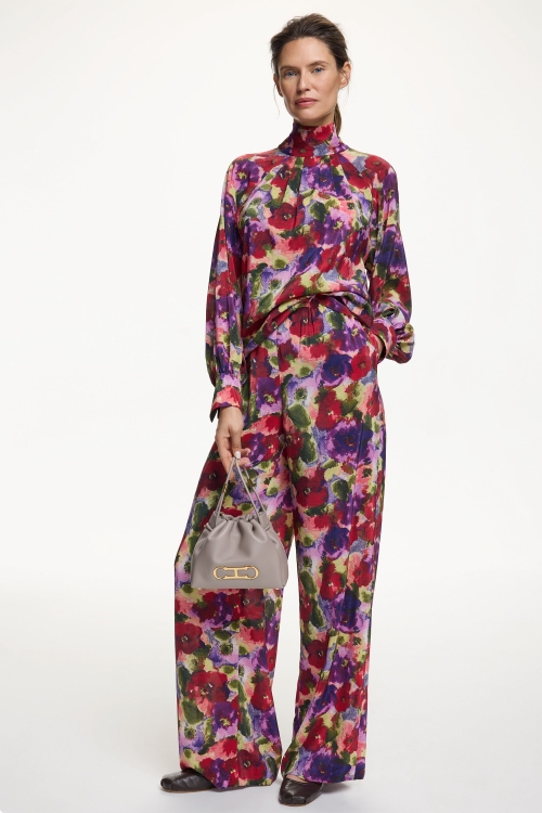 BLOSSOM PRINT CREPE DE CHINE PYJAMA-STYLE PANTS