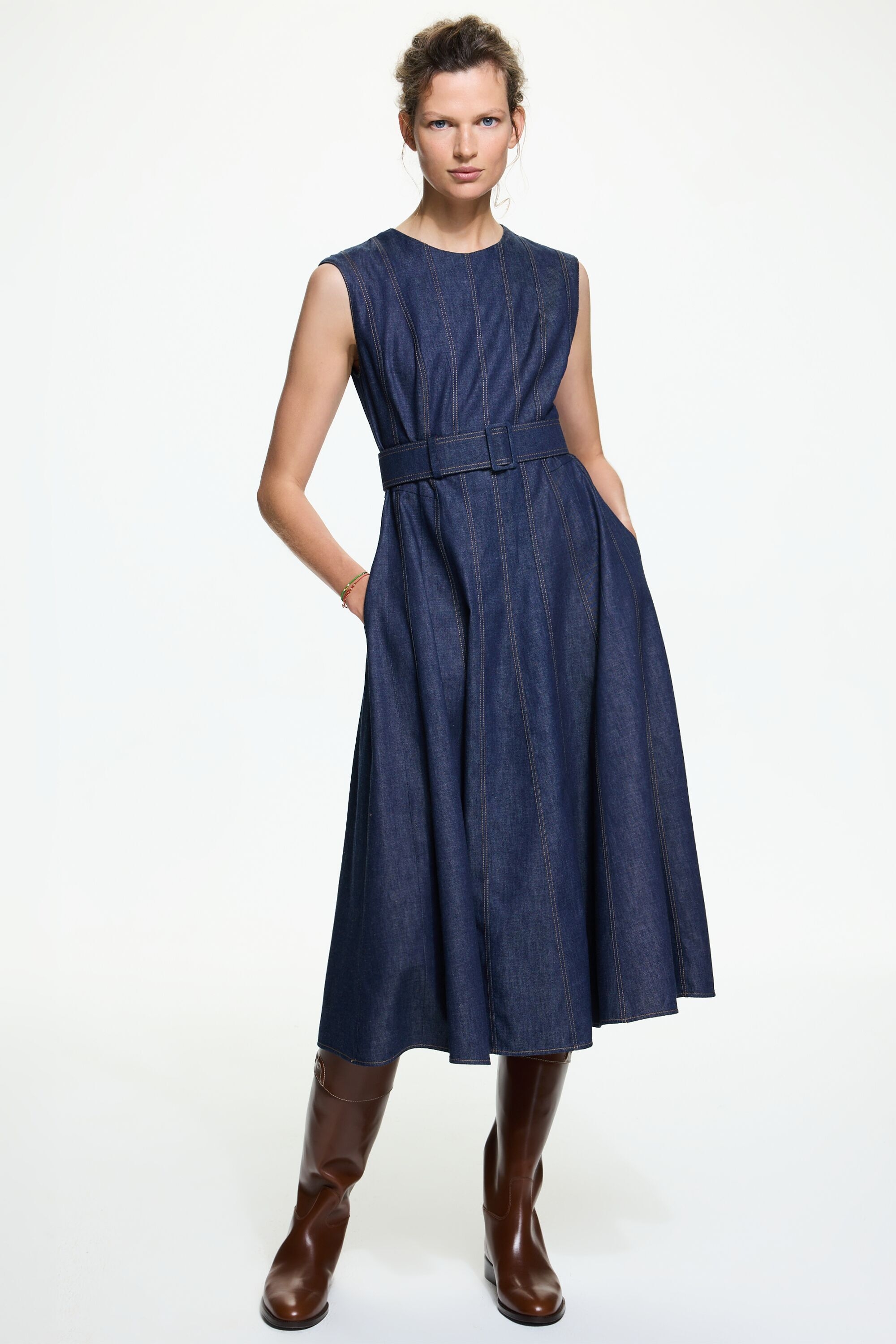 Seam- and belt-detailed denim dress